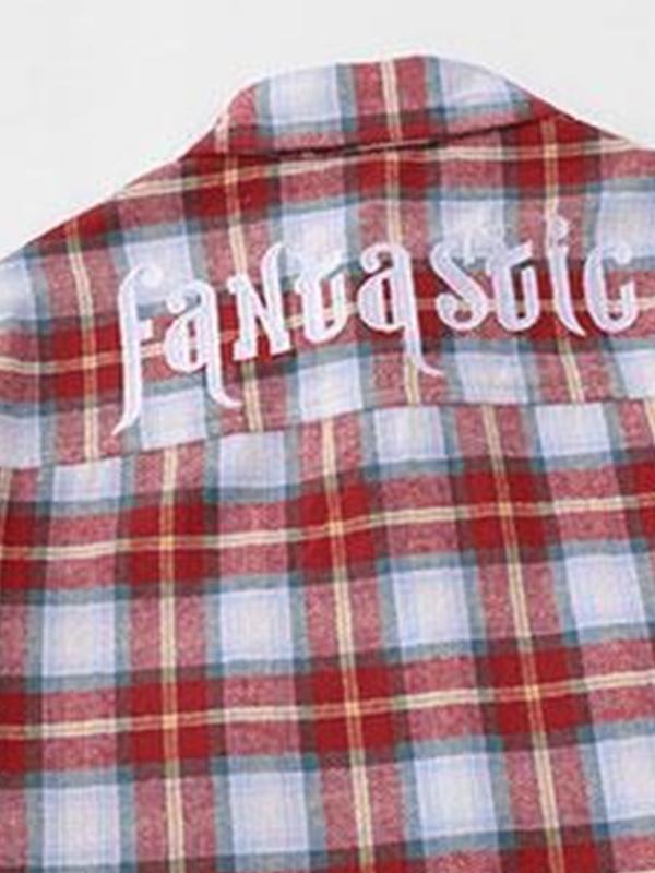 Men's Vintage Plaid Print Letter Embroidery Long Sleeve Blouse Product Image