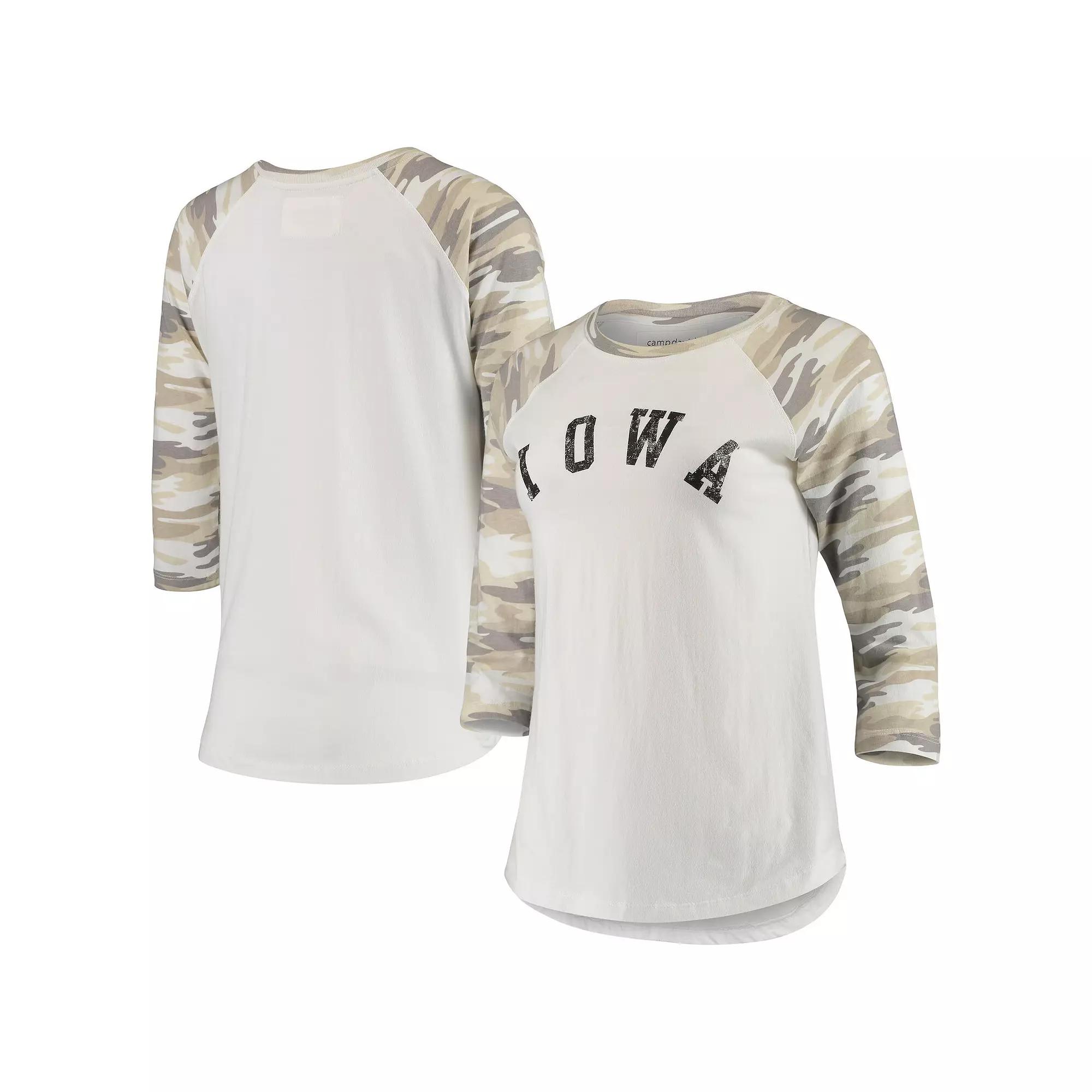 Women's White/Camo Iowa Hawkeyes Boyfriend Baseball Raglan 3/4-Sleeve T-Shirt, Size: Large Product Image
