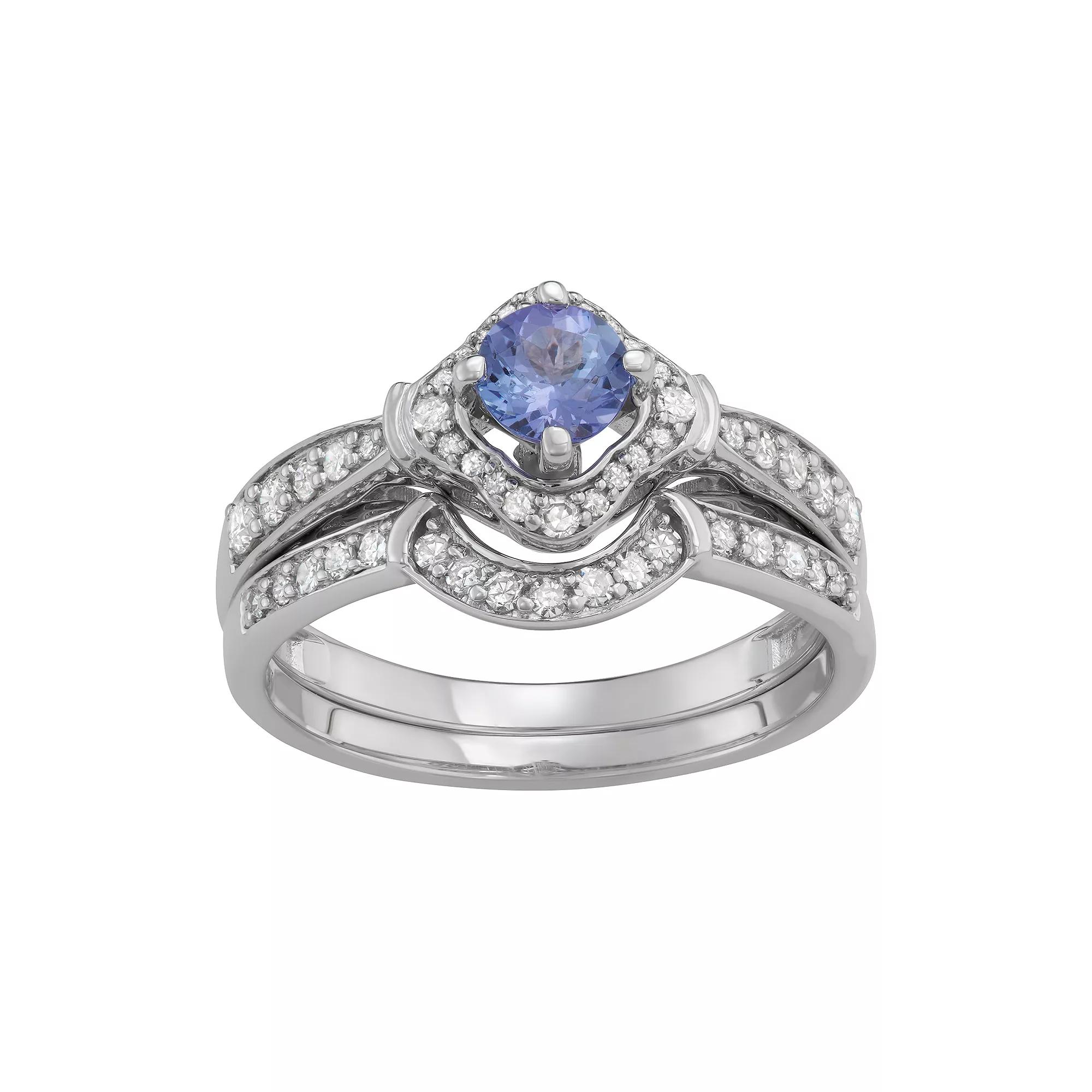 14k White Gold 1/2 Carat T.W. Diamond & Gemstone Halo Engagement Ring Set, Women's, Size: 8, Tanzanite Product Image