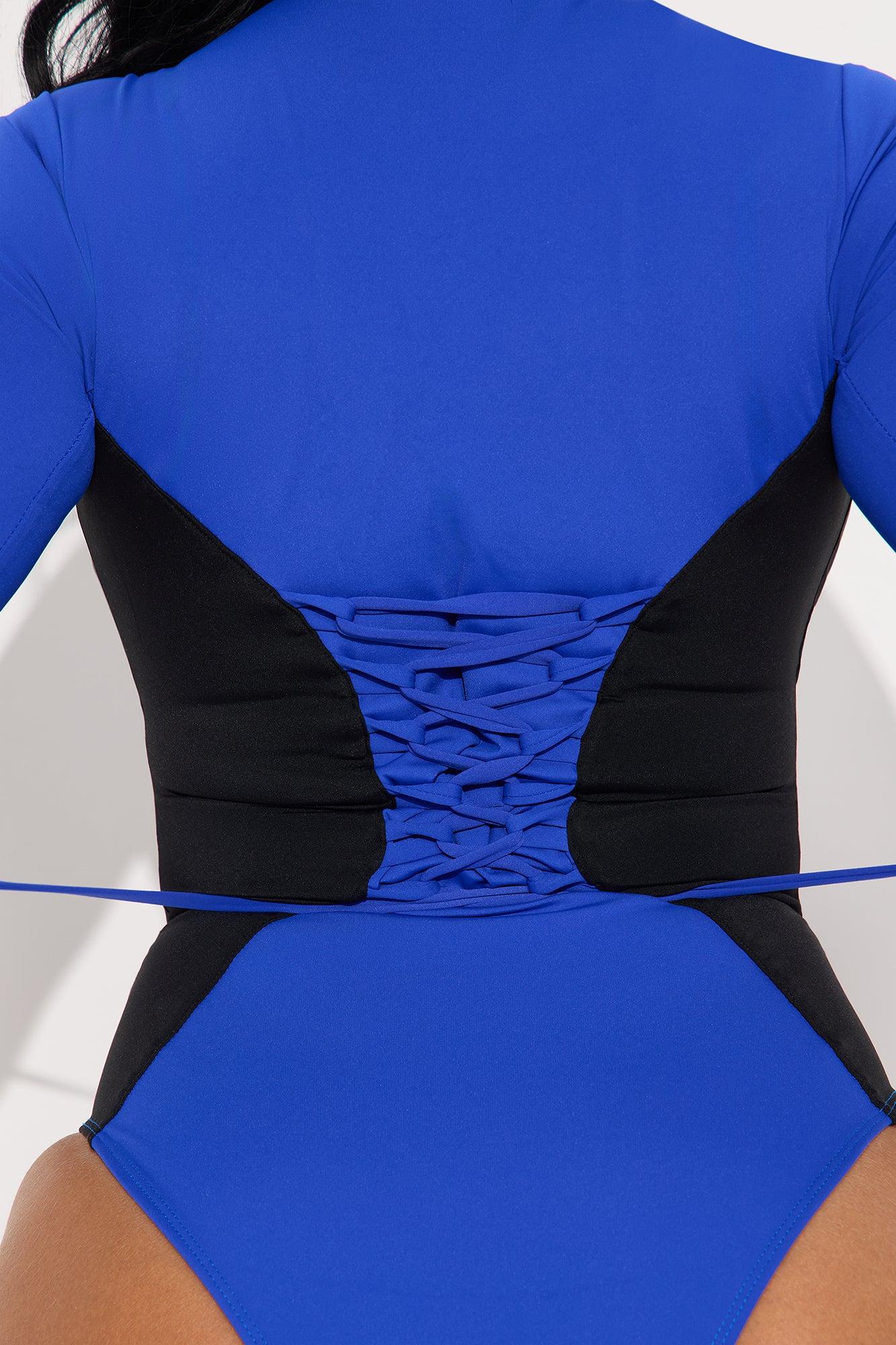 Delvina Snatched Sculpting Lace Up Long Sleeve 1 Piece Swimsuit Rashguard - Royal Female Product Image