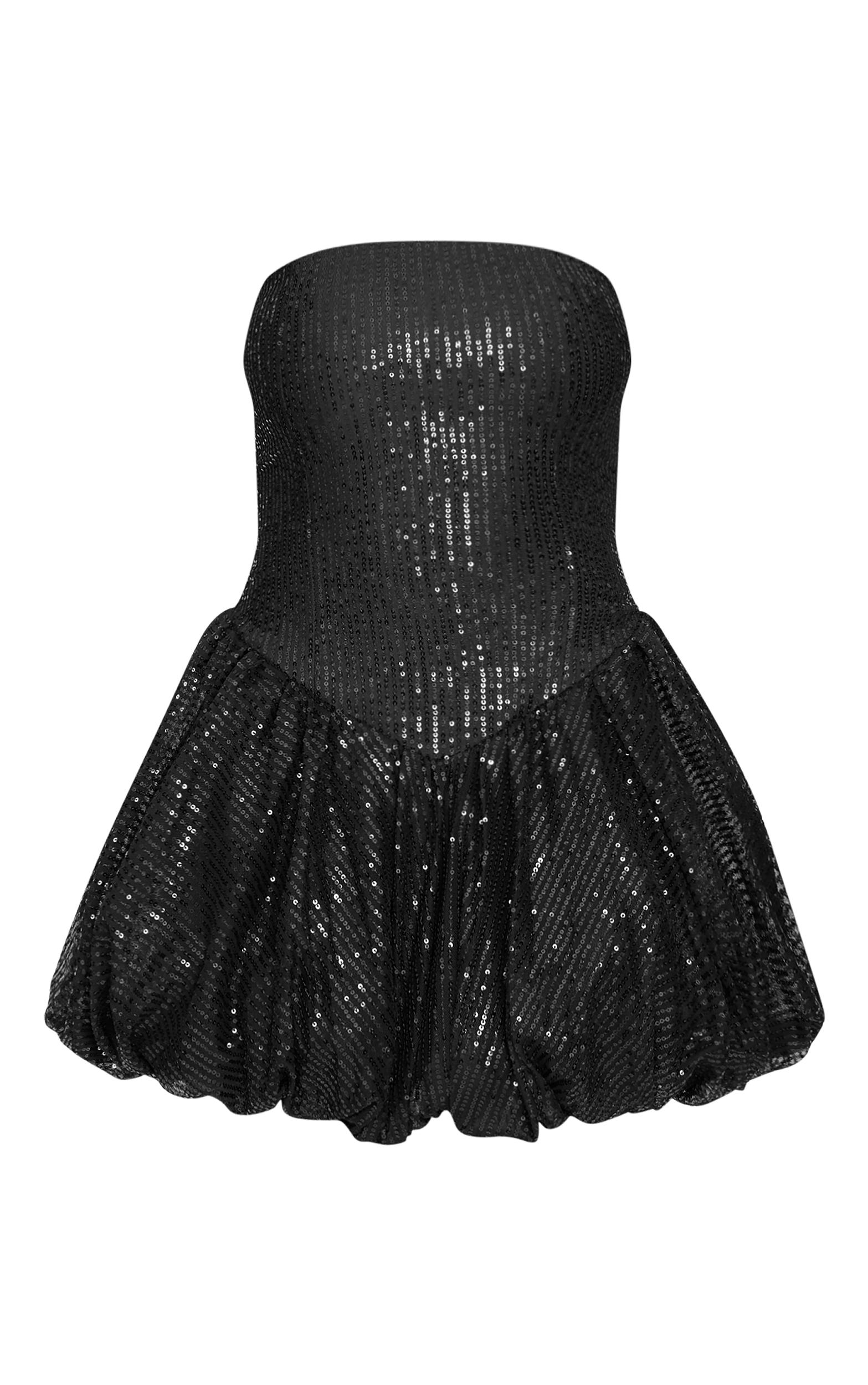 Black Sequin Bandeau Mini Puffball Dress Product Image