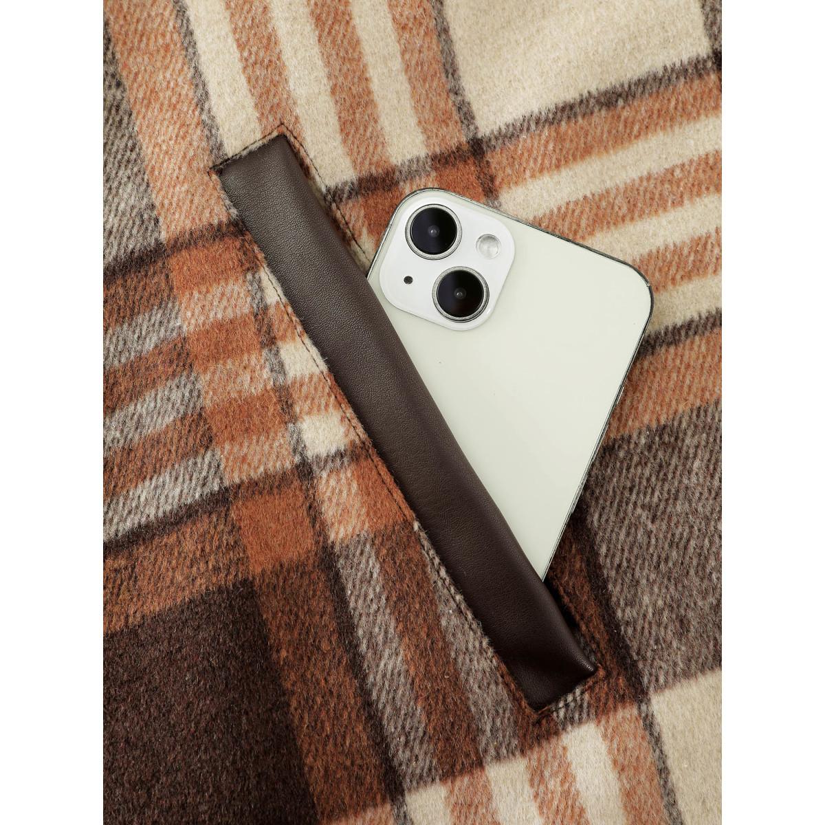 Plus Size Plaid Print Collar Pockets Coat Women Browncoffeecolor Leisure Loose Ladies Casual Winter Coats BloomChic 12/L Product Image