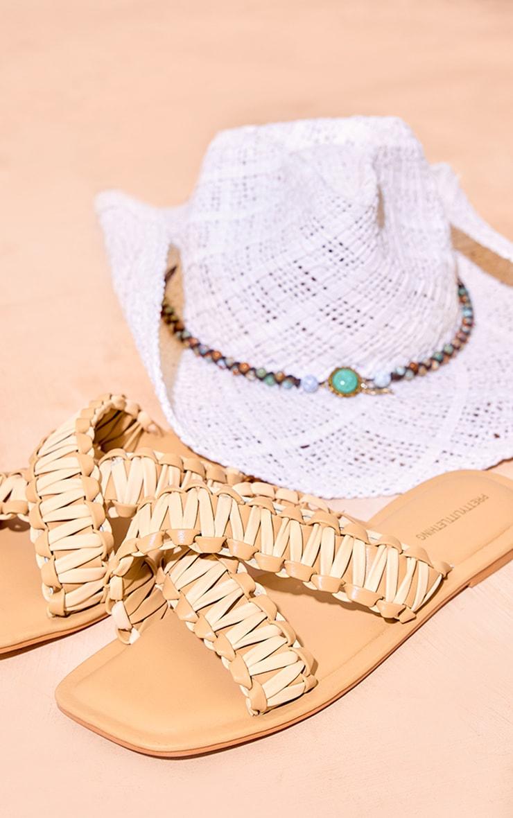 Natural Real Leather Woven Strap Detail Flat Sandals Product Image