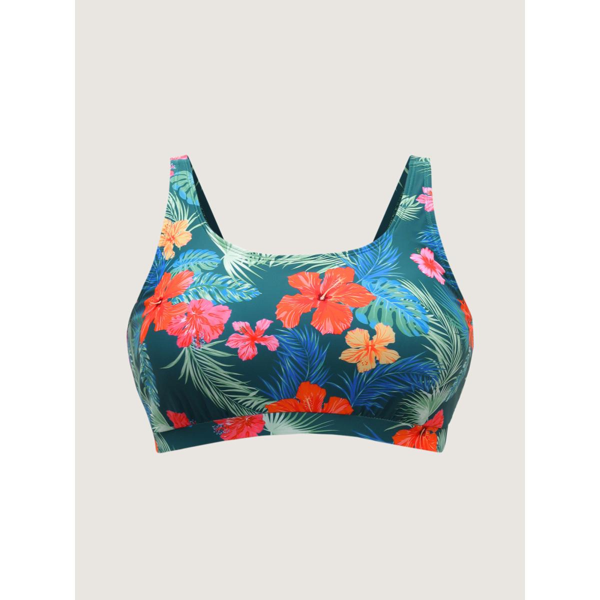 Plus Size Two-Piece Tropical Print Swim Top Women's Swimwear Cyan Beach Drawstring High stretch Bodycon U-neck Curve Swim Tops BloomChic 28/5X Product Image