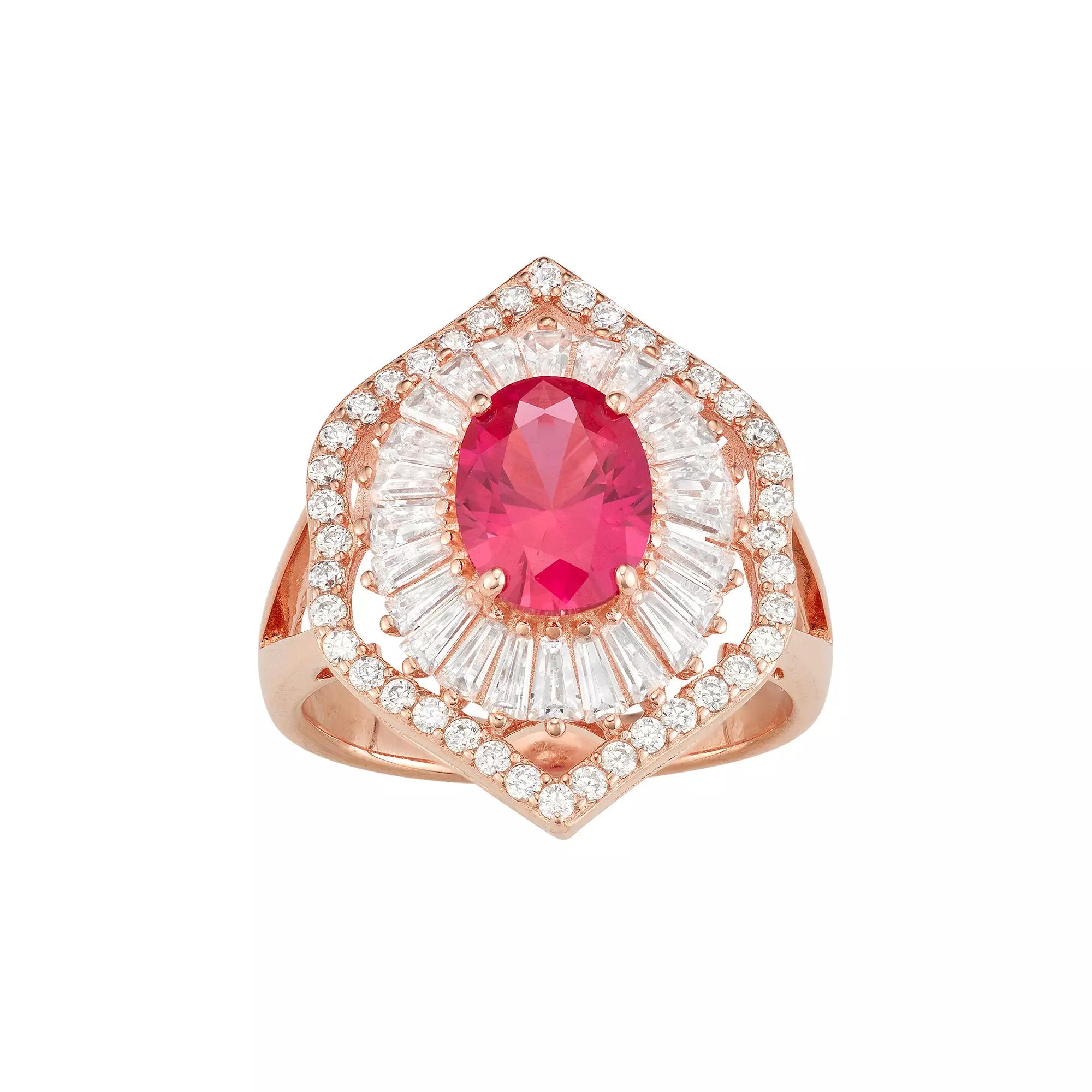 Designs by Gioelli 14k Rose Gold Over Silver Lab-Created Ruby & White Sapphire Baguette Halo Ring, Women's, Size: 8, Sterling Product Image