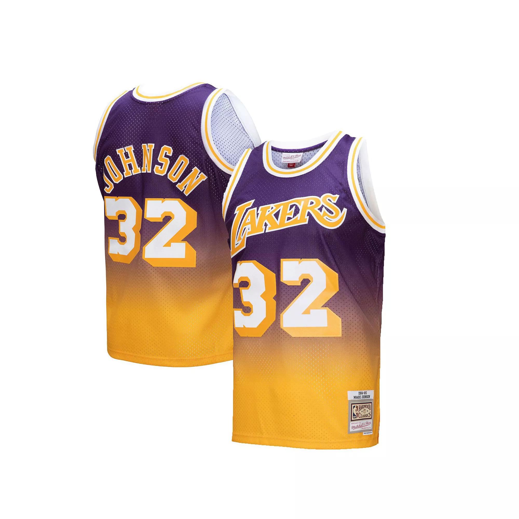 Men's Mitchell & Ness Magic Johnson Gold/Purple Los Angeles Lakers 1984/85 Hardwood Classics Fadeaway Swingman Player Jersey, Size: Medium Product Image