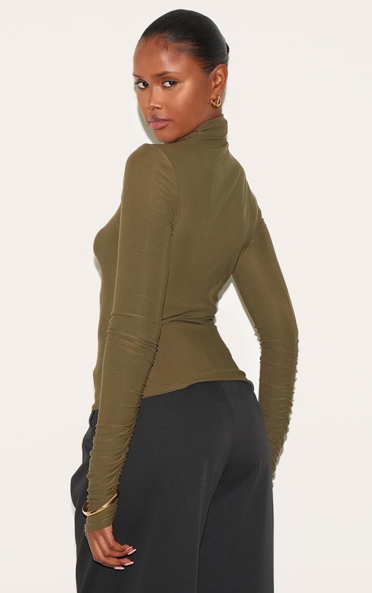 Khaki Soft Touch High Neck Ruched Sleeve Top Product Image