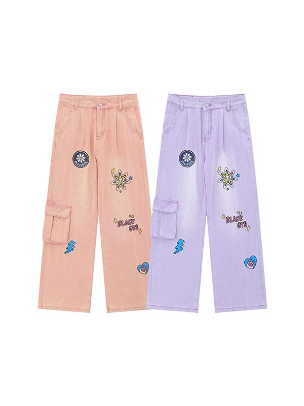 Graffiti Print Straight Cargo Jeans Product Image