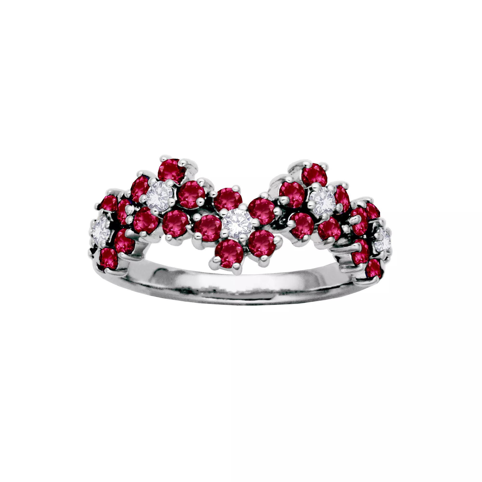 Sterling Silver Lab-Created Ruby & Lab-Created White Sapphire Flower Ring, Women's, Size: 9 Product Image