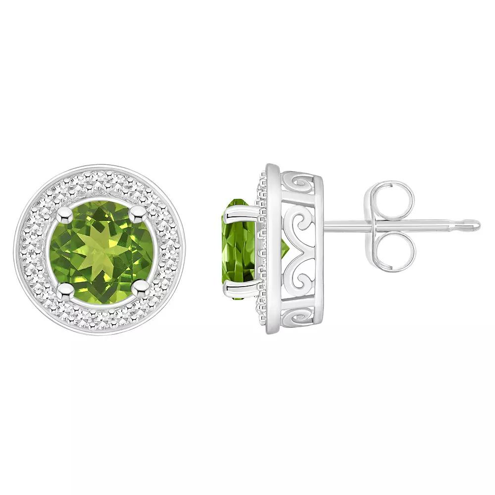 Celebration Gems Sterling Silver Round Gemstone & 1/5 Carat T.W. Diamond Halo Stud Earrings, Women's, Peridot Product Image