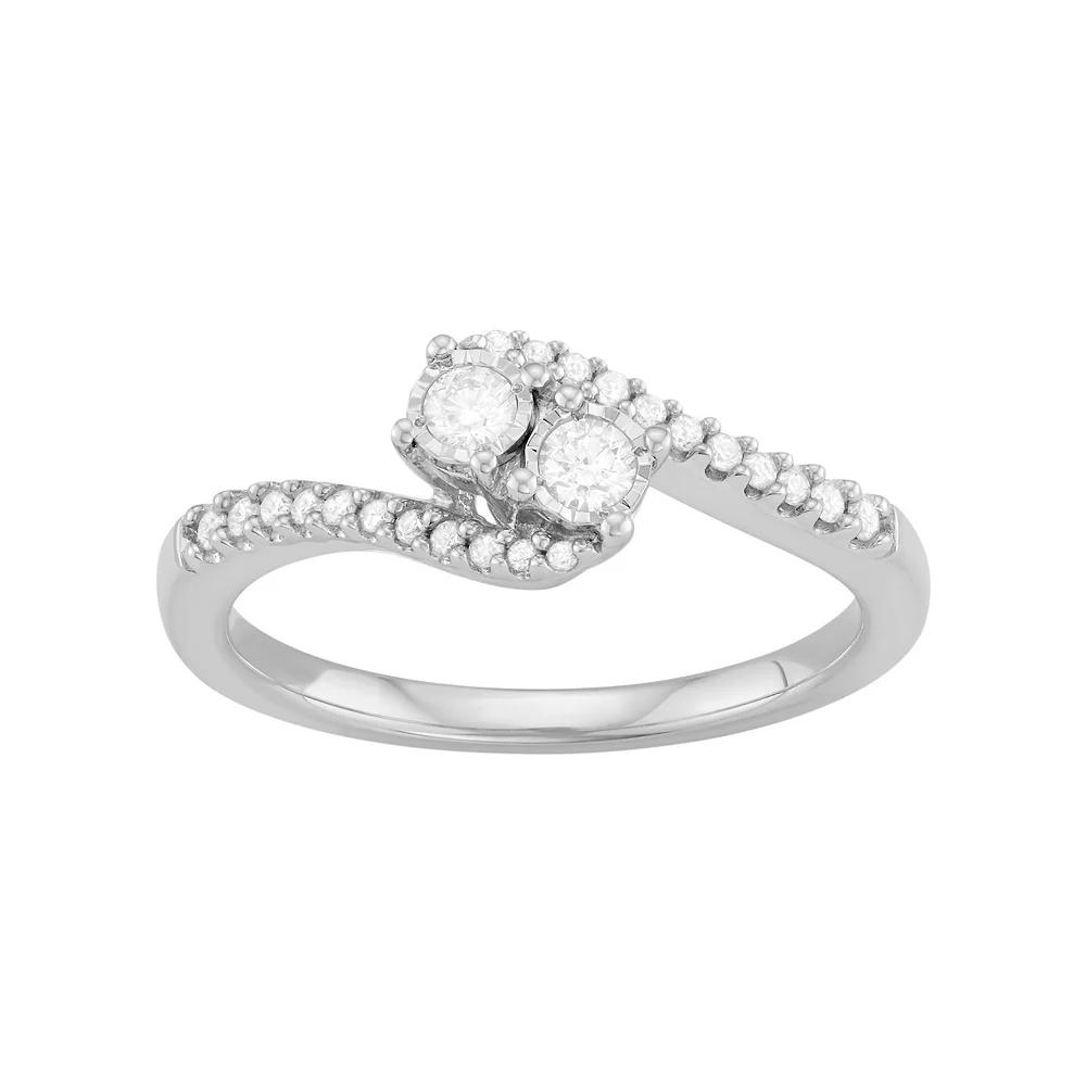 Sterling Silver 1/4 Carat T.W. Diamond 2-Stone Bypass Engagement Ring, Women's, Size: 6, Rhodium Plated Product Image