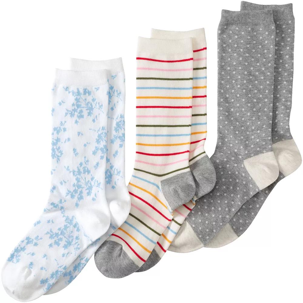 Womens Lands' End Seamless Toe Patterned Crew Socks 3-Pack, Women's, Snow Floral Stripe Product Image