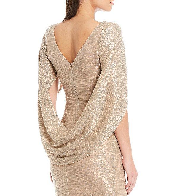 Betsy & Adam Petite Size Draped Back 3/4 Cape Sleeve Round Neck Metallic Crinkled Ruched Sheath Gown Product Image
