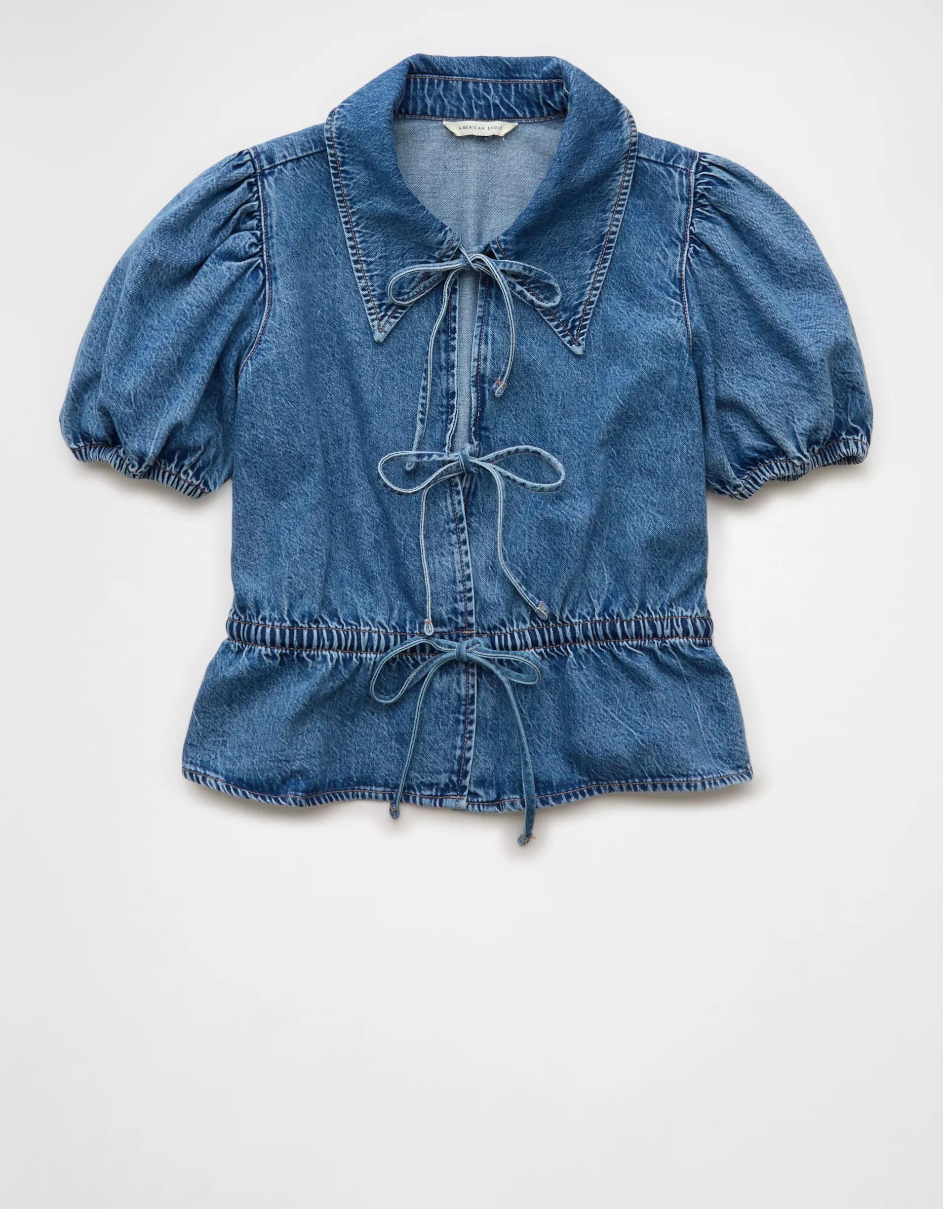 AE Denim Collared Puff Sleeve Tie Front Shirt Product Image
