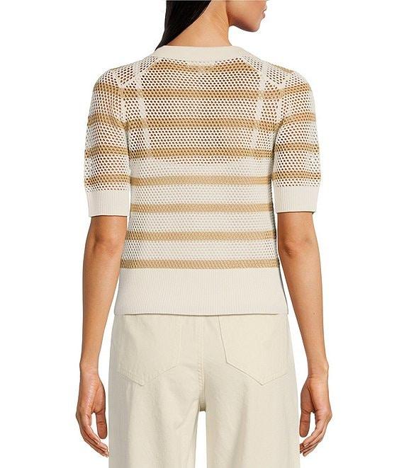 Le' AL.X Stripe Knit Wide Mesh Polo Collar V-Neck Short Rugby Top Product Image