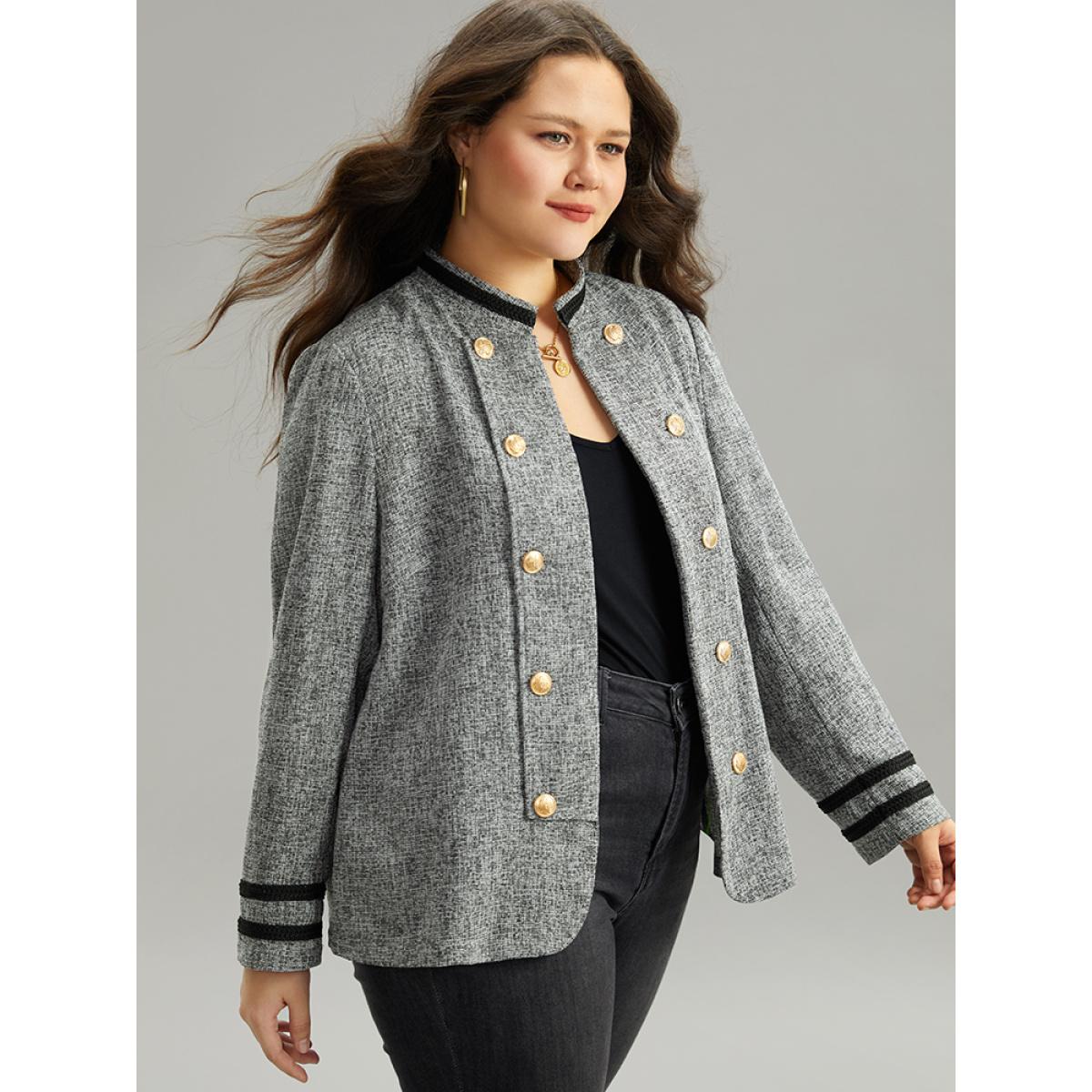 Plus Size Textured Metal Detail Contrast Trim Coat Women DimGray Elegant Texture Ladies Everyday Winter Coats BloomChic 28/5X Product Image