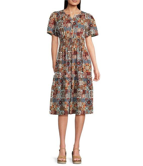 Calessa Blue Multi Patchwork Split V-Neck Flutter Cap Sleeve Tiered A-Line Midi Dress Product Image