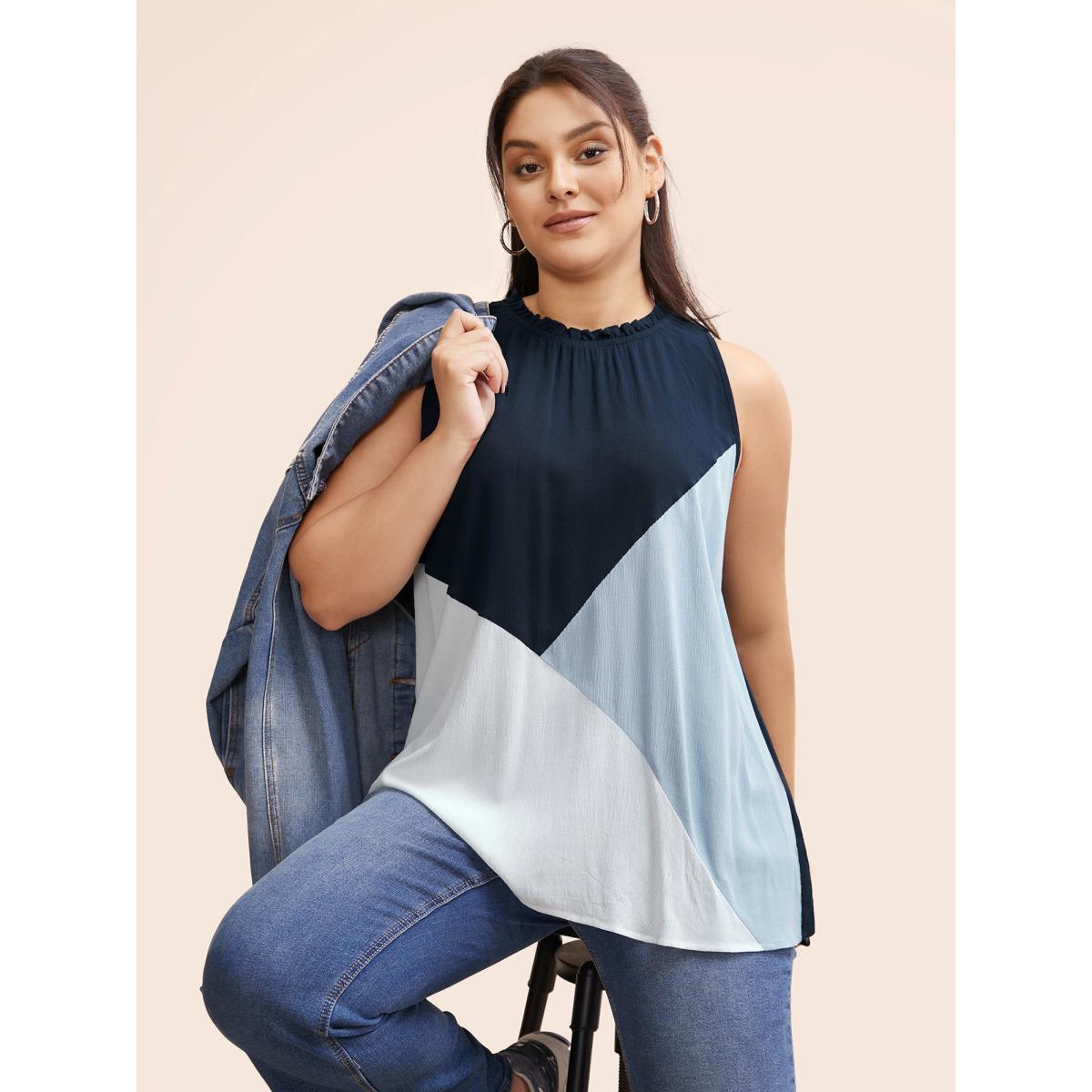 Plus Size Colorblock Contrast Frill Trim Gathered Tank Top Women DarkBlue Casual Contrast Mock Neck Everyday Tank Tops Camis BloomChic 30/6X Product Image