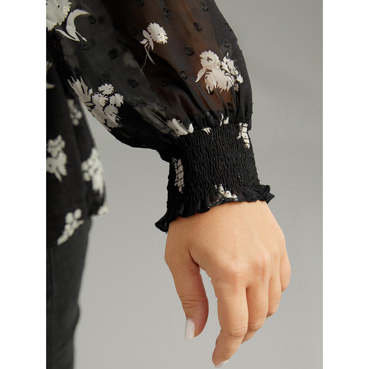 Plus Size BlackFlower Silhouette Floral Print Gathered Shirred Blouse Women Elegant Long Sleeve V-neck Dailywear Blouses BloomChic 26/4X Product Image