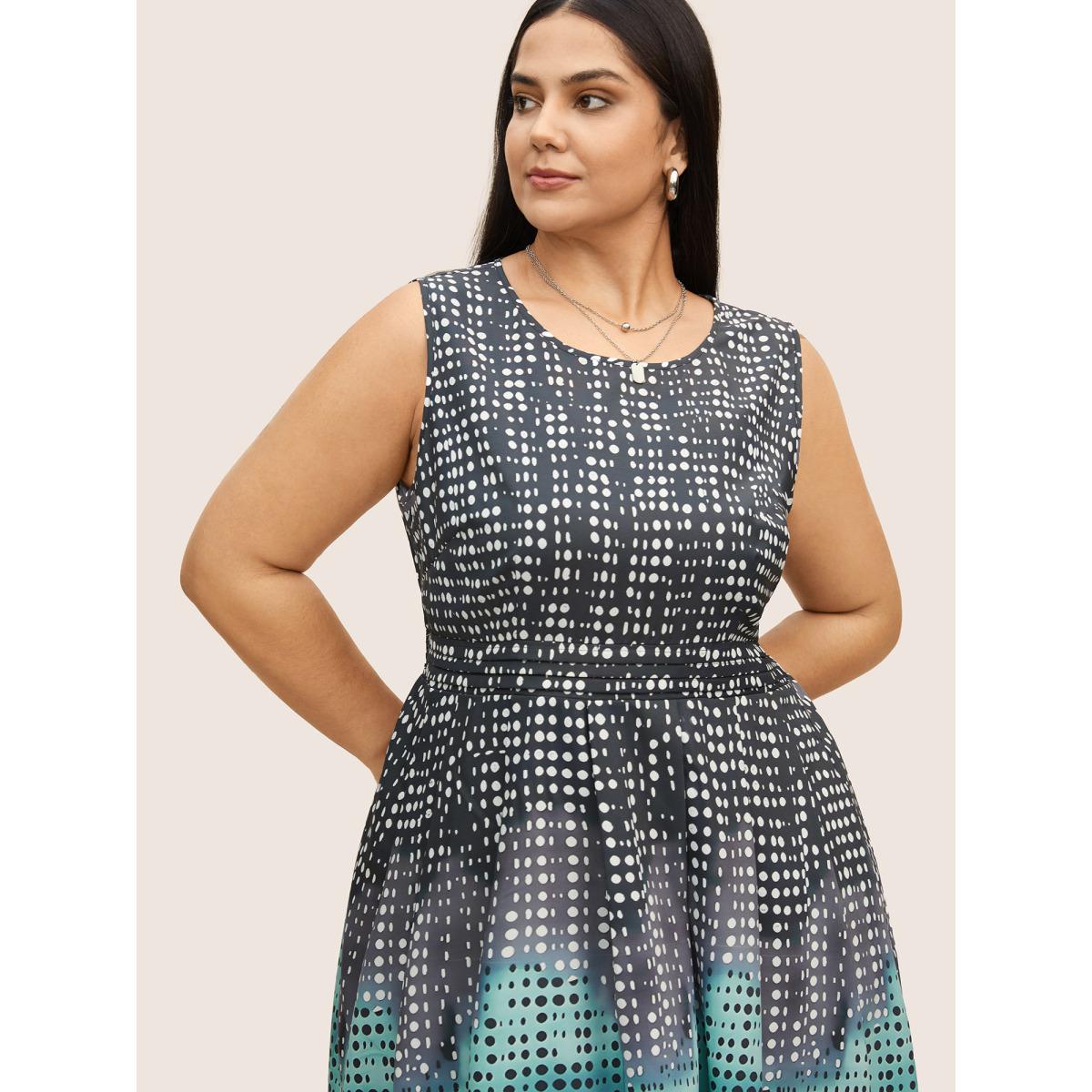Plus Size Polka Dot Ombre Pleated Pocket Tank Dress Teal Women At the Office Non Round Neck Sleeveless Curvy BloomChic 18-20/2X Product Image