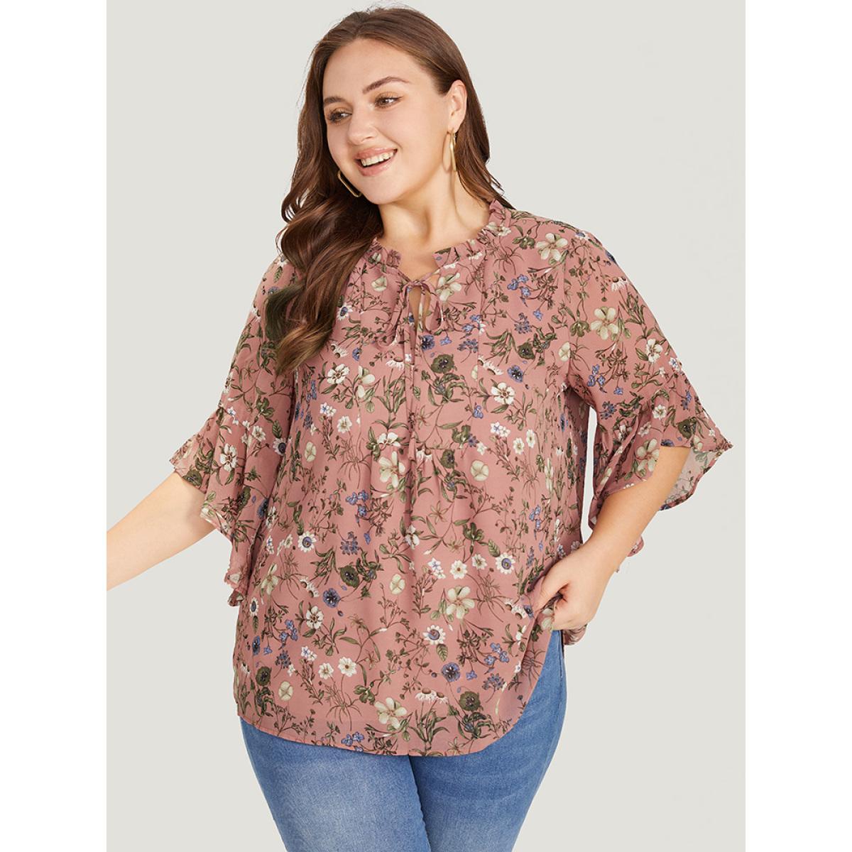 Plus Size Rouge Floral Tie Neck Frill Trim Bell Sleeve Blouse Women Elegant Half Sleeve Tie Neck Dailywear Blouses BloomChic 30/6X Product Image