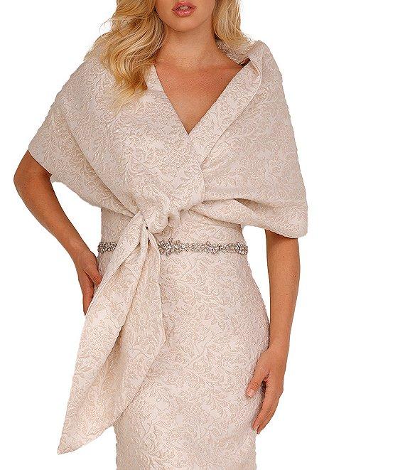 Terani Couture Brocade Twisted Short Sleeve Beaded Waist Mermaid Gown Product Image