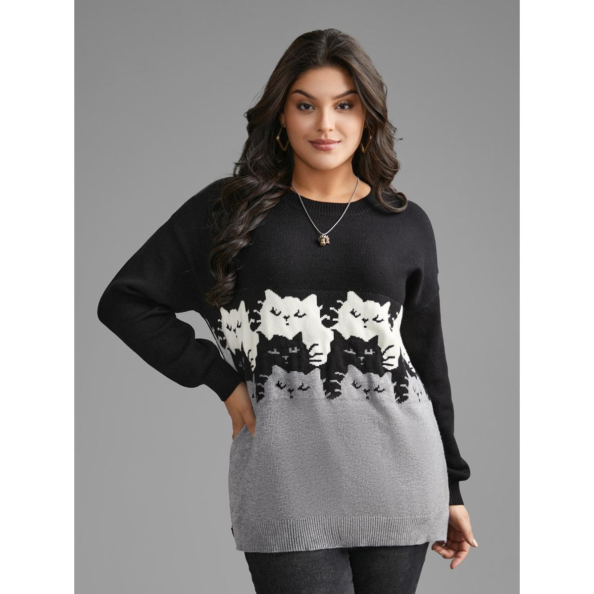 Plus Size Cat Contrast Drop Shoulder Pullover Black Women Playful Loose Long Sleeve Round Neck Casual Pullovers BloomChic 12/L Product Image