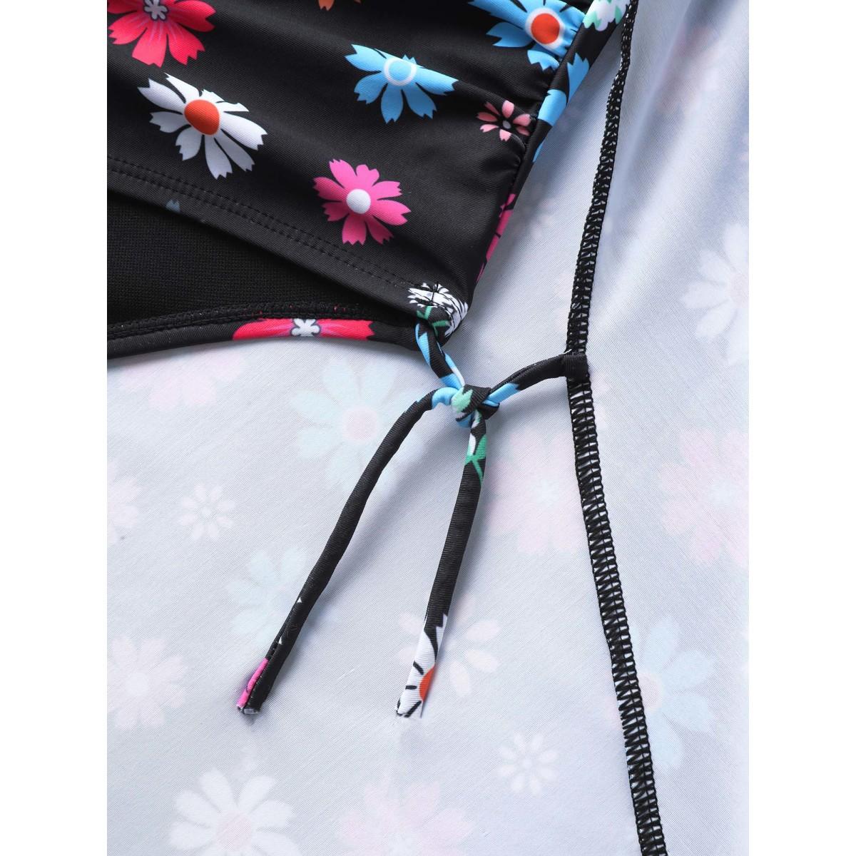 Plus Size Colorful Floral Print Fit Flare Swim Dress Women's Swimwear Black Resort Bodycon Overlap Collar High stretch Curve Swim Dresses BloomChic 22-24/3X Product Image