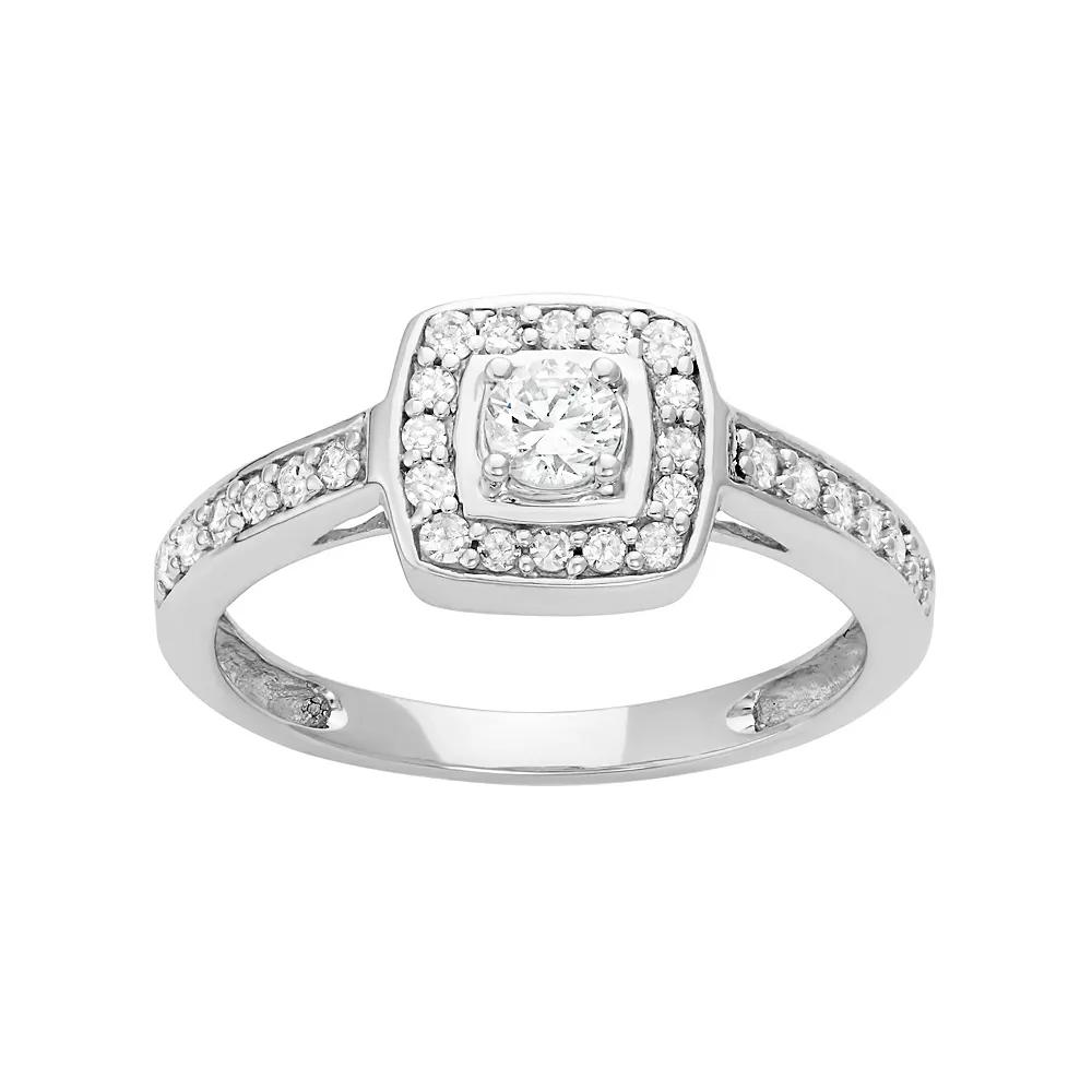 HDI 14k White Gold 1/2 Carat T.W. Diamond Square Halo Engagement Ring, Women's,  Product Image