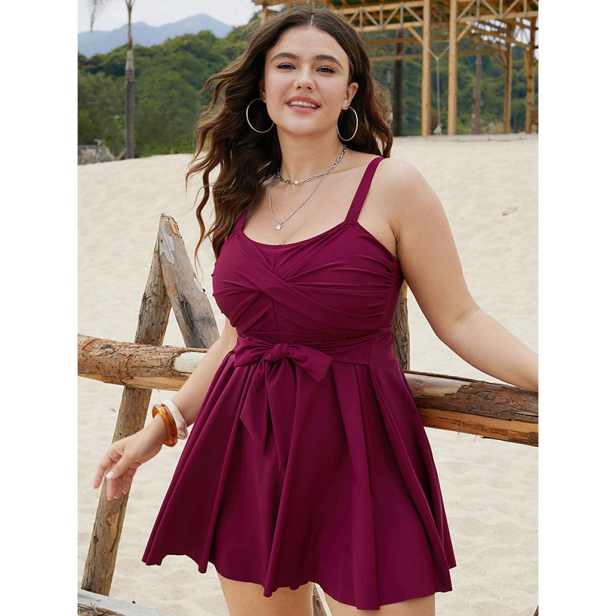Plus Size Bowknot Crossover Pleated Detail Swim Dress Women's Swimwear RedViolet Beach Bodycon Heart neckline High stretch Curve Swim Dresses BloomChic 30/6X Product Image