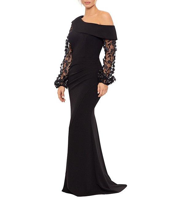 Xscape Scuba Crepe One Shoulder Long 3D Floral Sleeve Gown Product Image