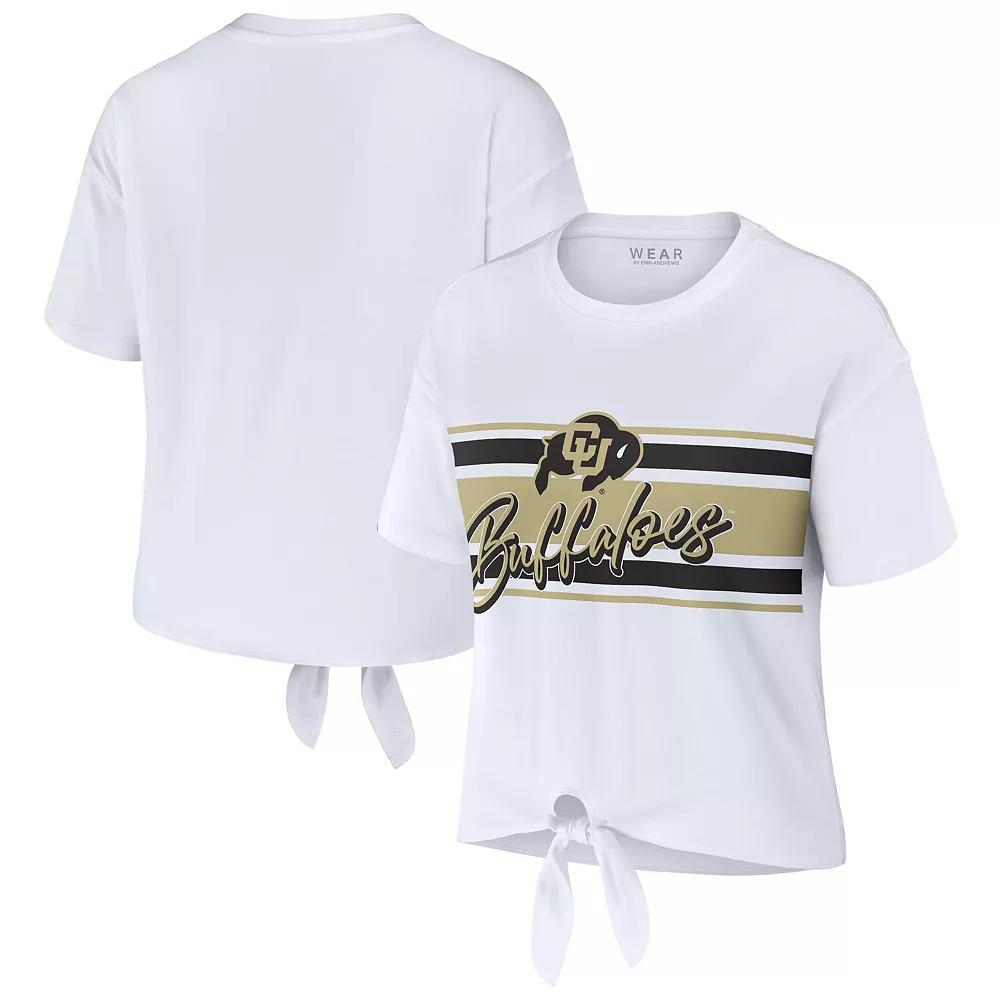 Women's WEAR by Erin Andrews White Colorado Buffaloes Striped Front Knot Cropped T-Shirt,  Product Image