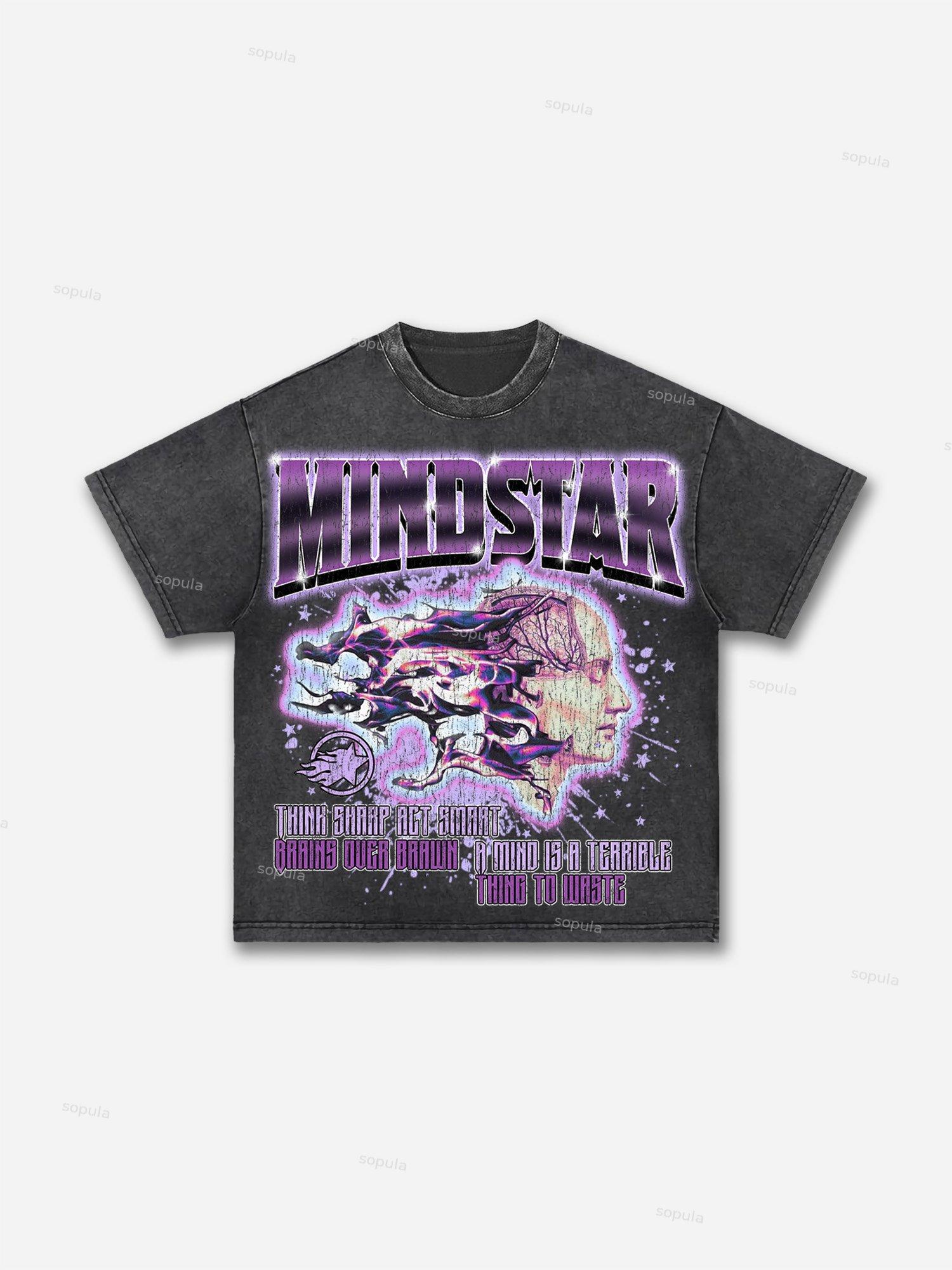 Mindstar-burning Thinking-retro Pattern Acid Wash T-shirt Product Image