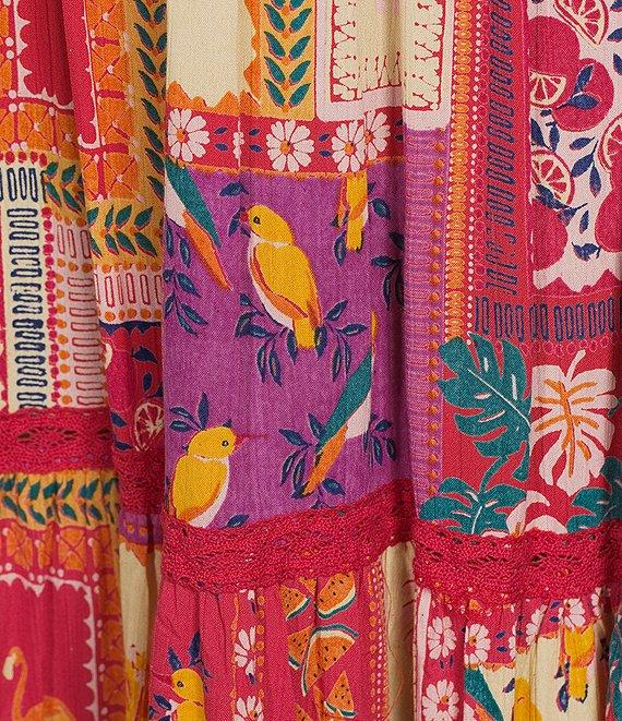 Angie Patchwork Print V-Neck Sleeveless Knot Front Tiered Crochet Trim Maxi Dress Product Image