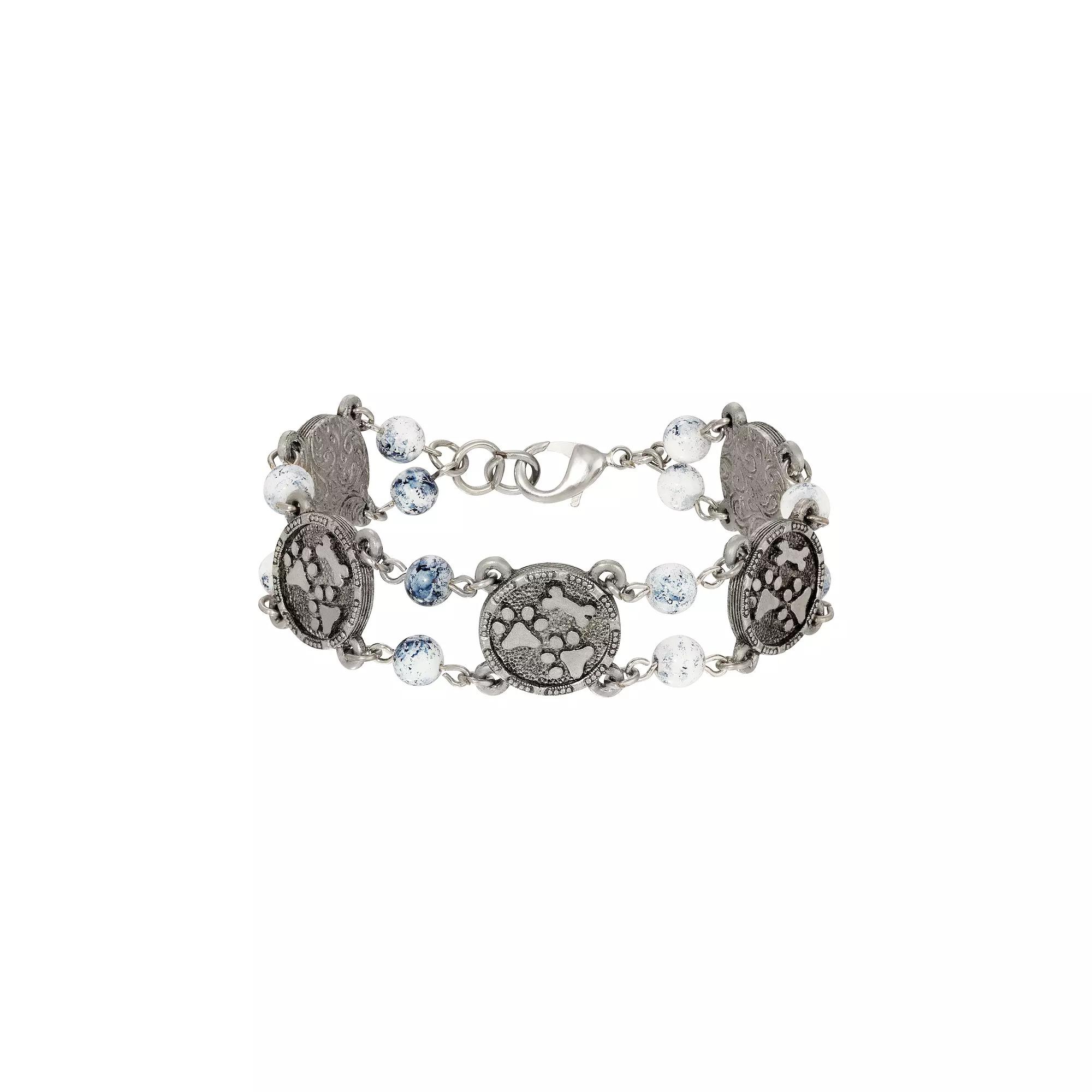 1928 Silver Tone Dog Paws & Bone Blue Bead Bracelet, Womens Product Image