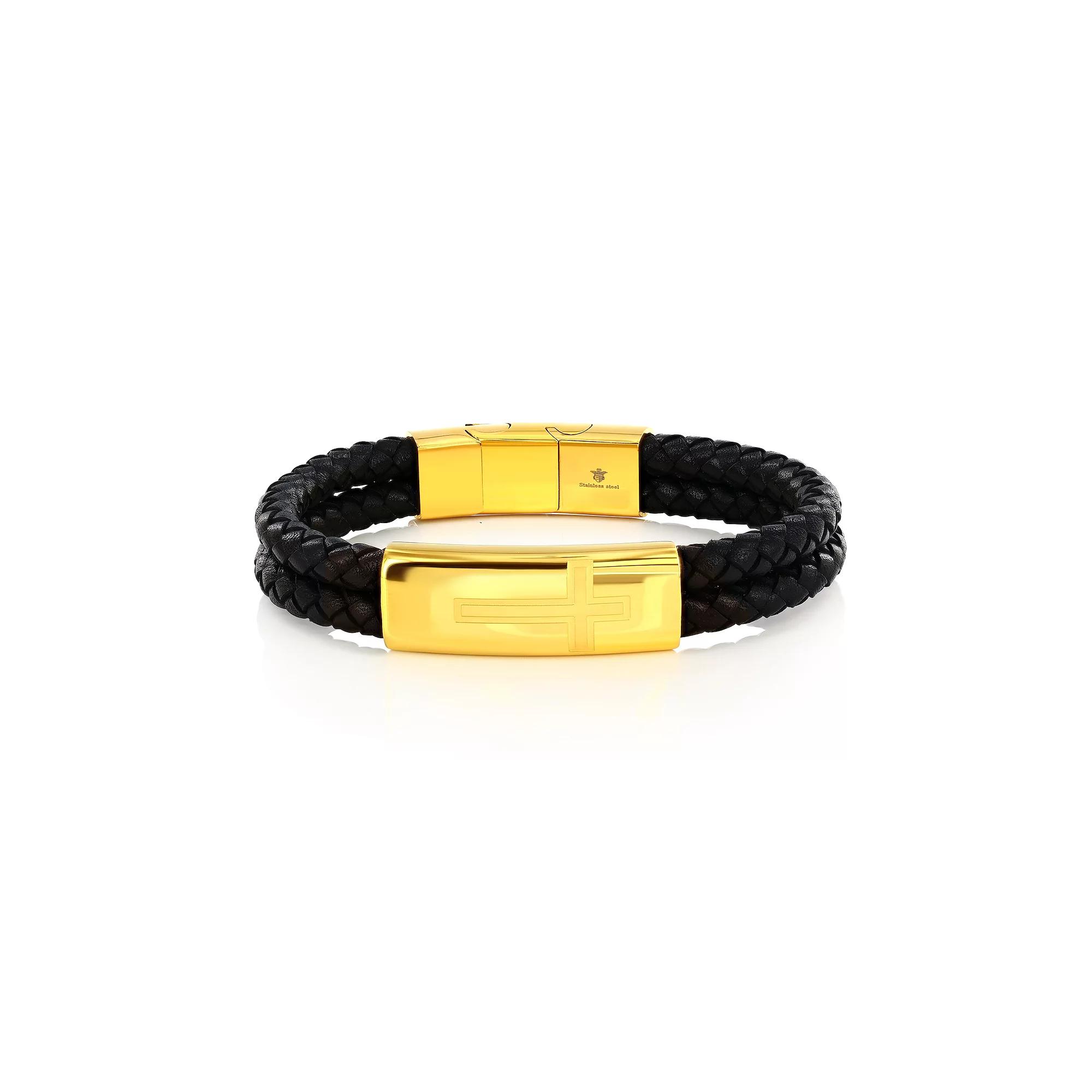 Men's Metallo Stainless Steel Cross Bar Leather Bracelet, Size: 8.5", Gold Tone Black Product Image