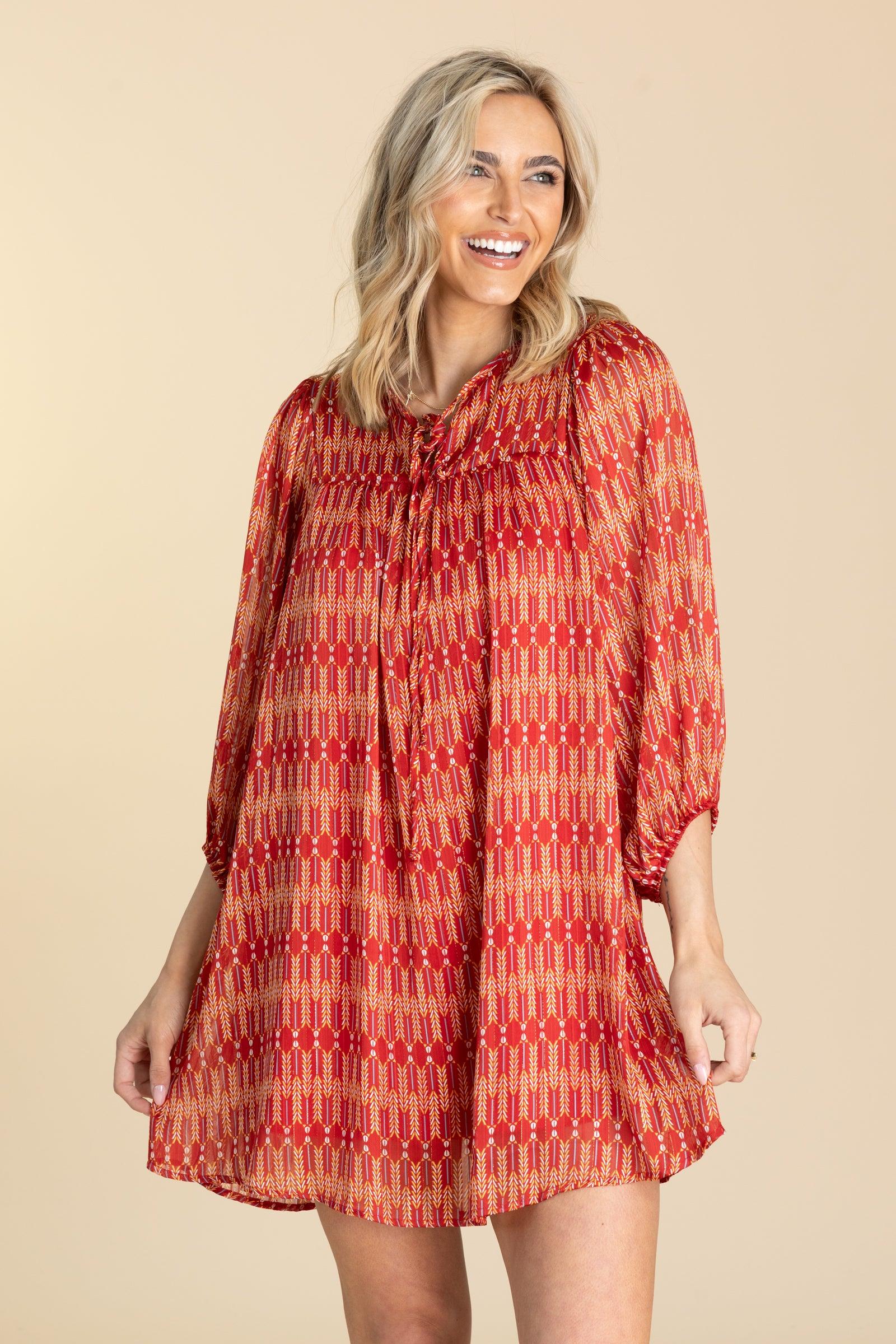 Red and Orange Boho Print Dress Product Image