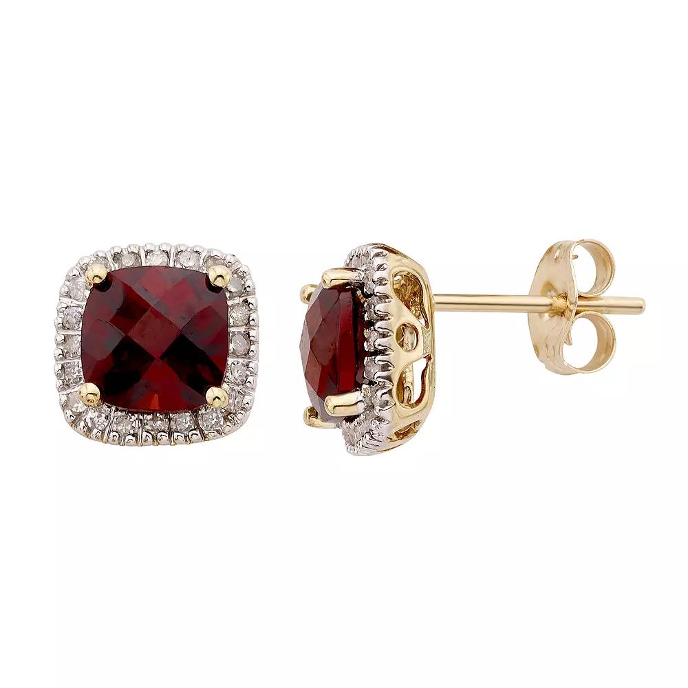 Garnet and 1/6 Carat T.W. Diamond 10K Gold Halo Button Stud Earrings, Women's, Yellow Product Image