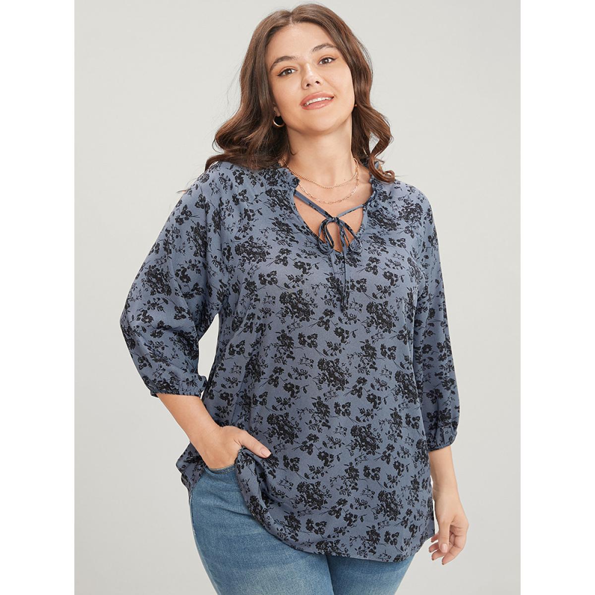 Plus Size Stone Floral Print Lantern Sleeve Tie V Neck Blouse Women Elegant Elbow-length sleeve V-neck Dailywear Blouses BloomChic 28/5X Product Image