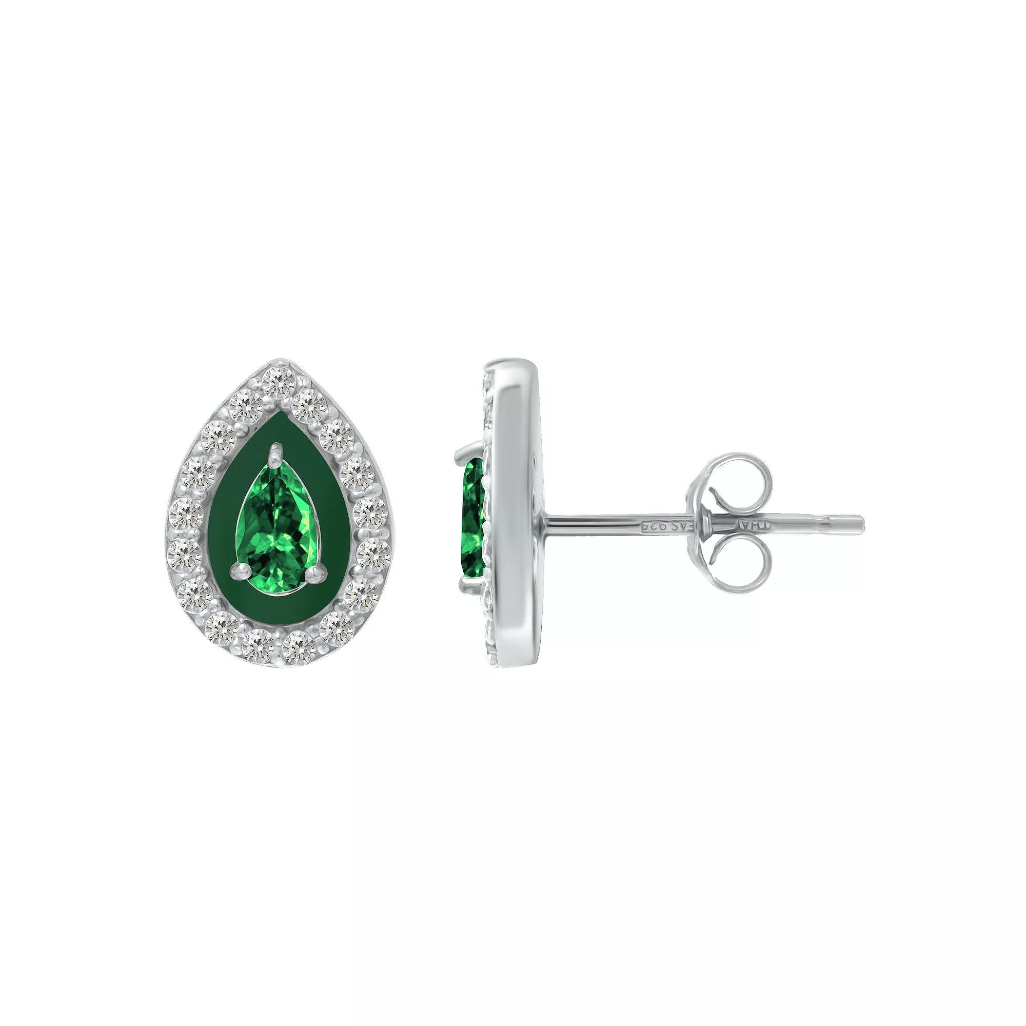 Aleure Precioso Sterling Silver Enamel & Cubic Zirconia Pear Shaped Halo Stud Earrings, Women's, Green Product Image