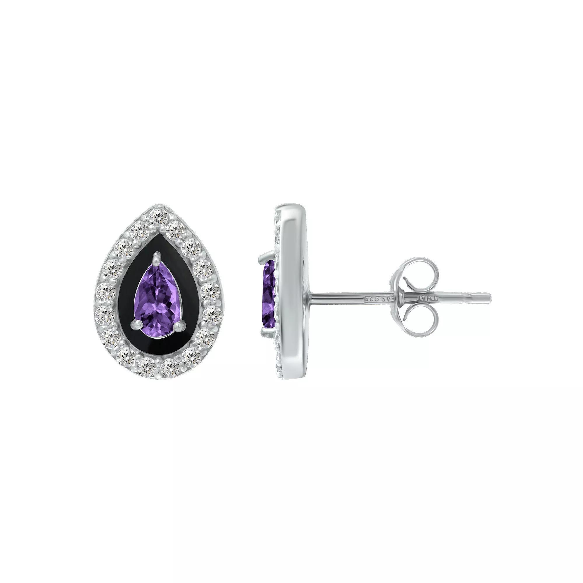 Aleure Precioso Sterling Silver Enamel & Cubic Zirconia Pear Shaped Halo Stud Earrings, Women's, Purple Product Image