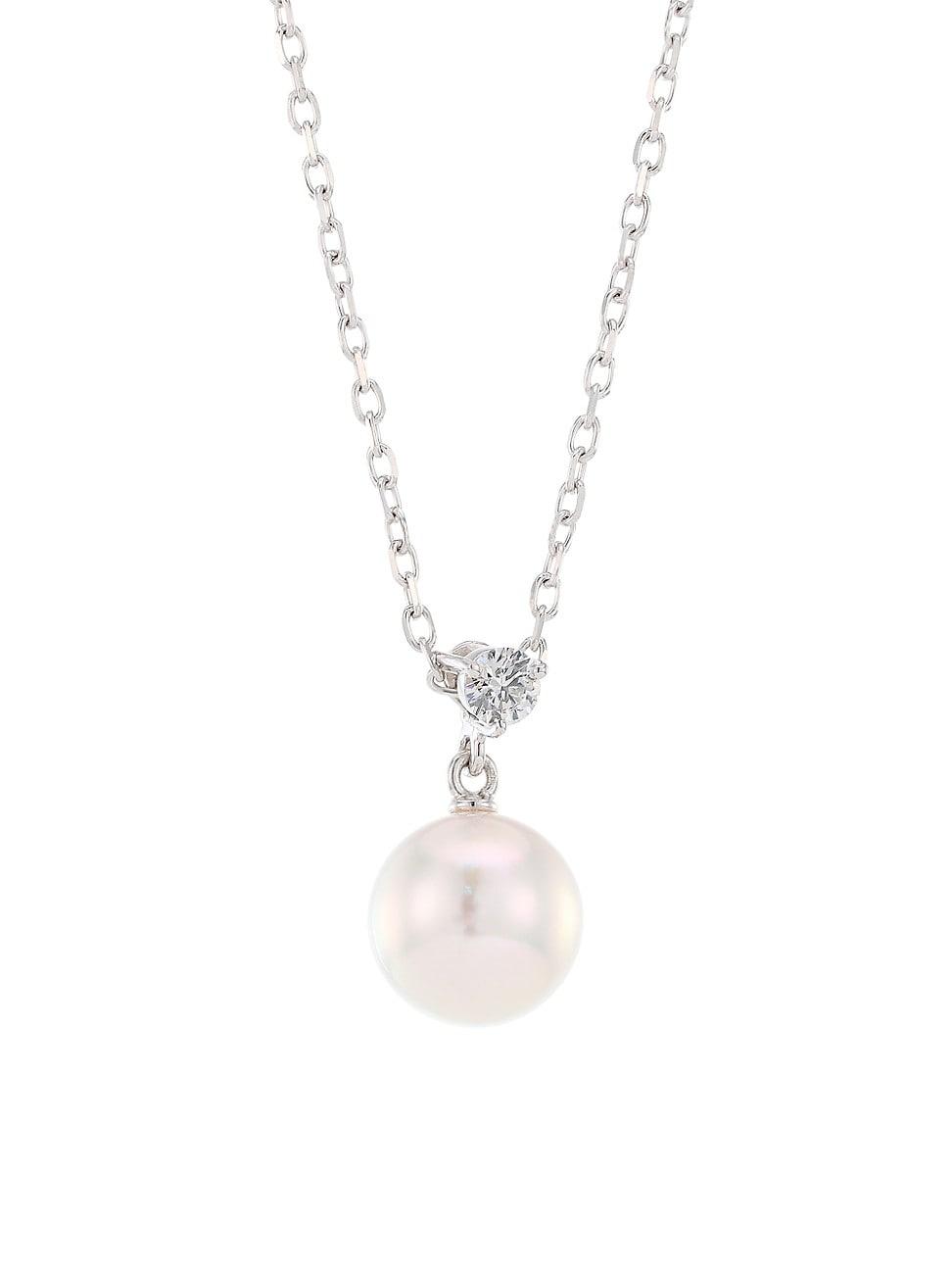 Womens Classic 18K White Gold, 8.25MM Cultured Akoya Pearl & Diamond Pendant Necklace Product Image