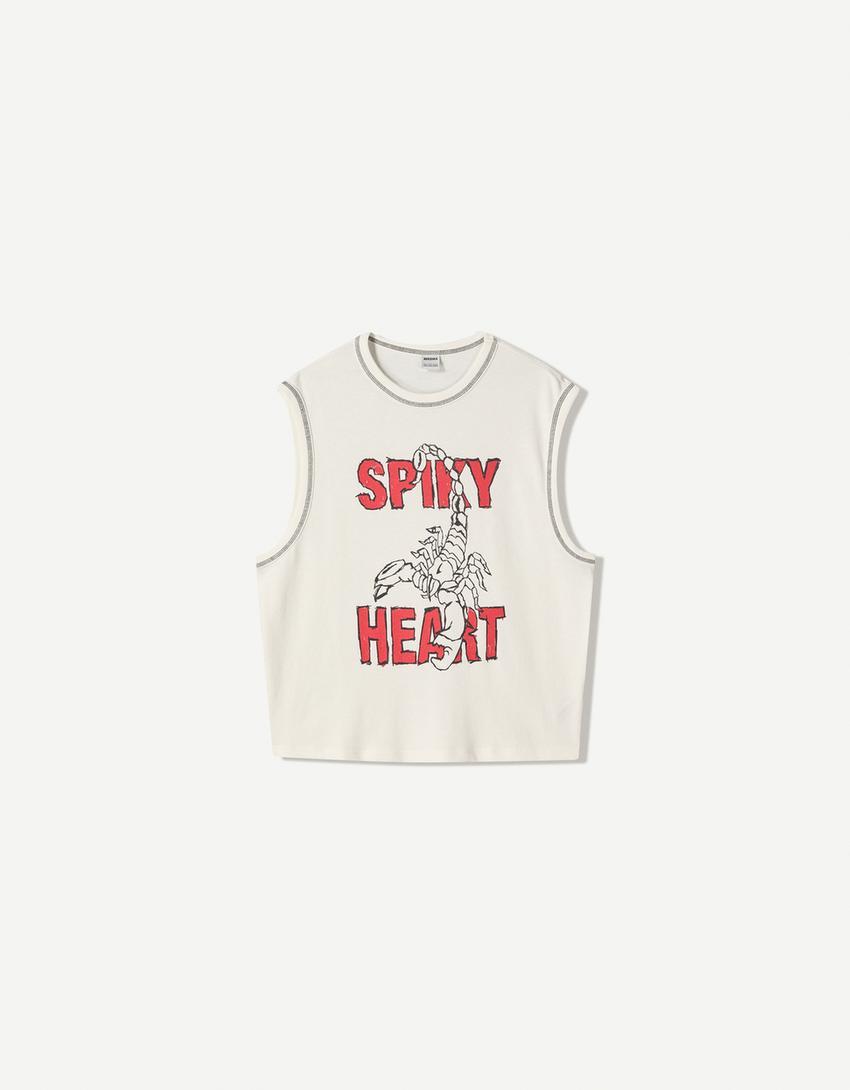 Sleeveless slub effect printed T-shirt Product Image