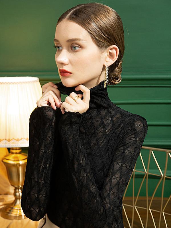 Stylish Lace Skinny Falbala Checkered High-Neck T-Shirts Tops Product Image