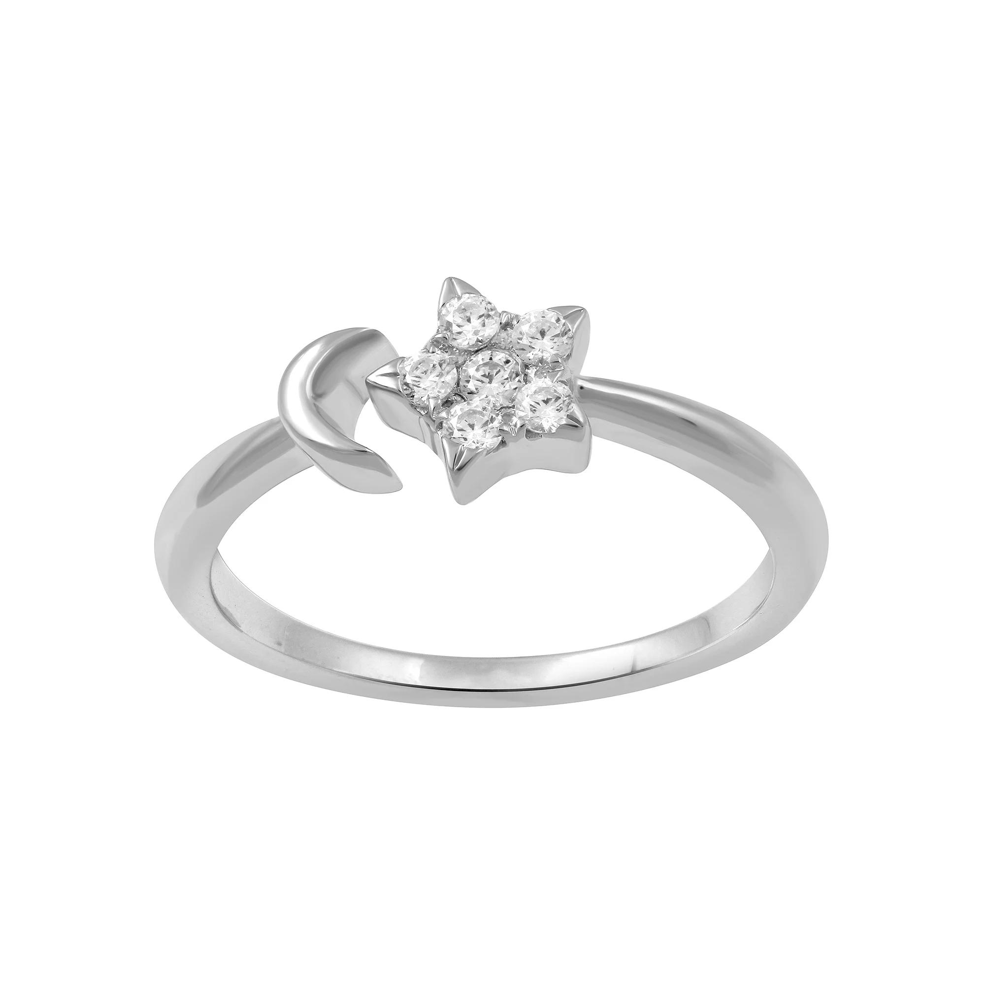 Sterling Silver 1/5 Carat T.W. Diamond Moon & Star Ring, Womens Product Image