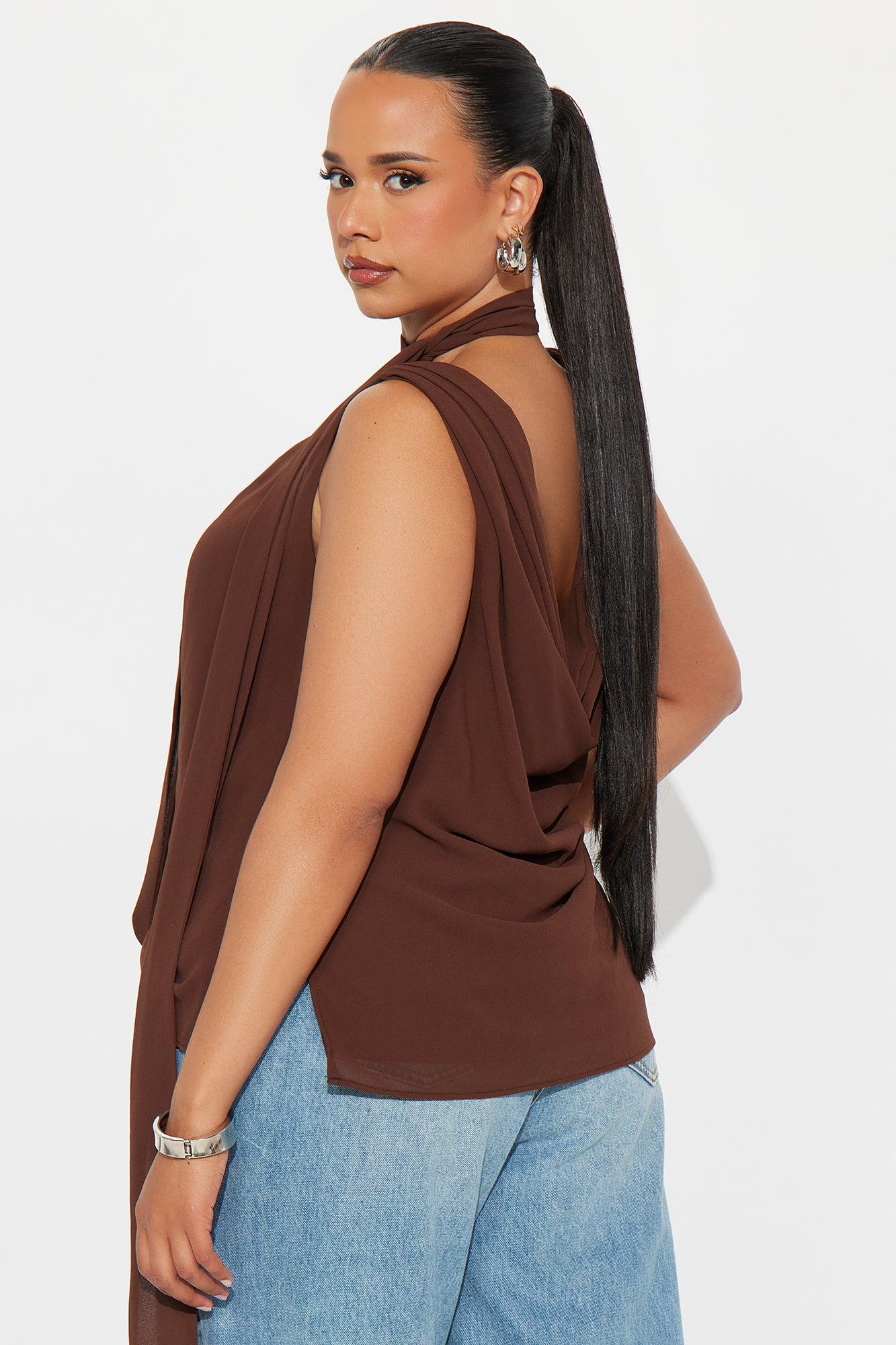 Walked Right Past You Chiffon Neck Tie Top - Chocolate Female Product Image