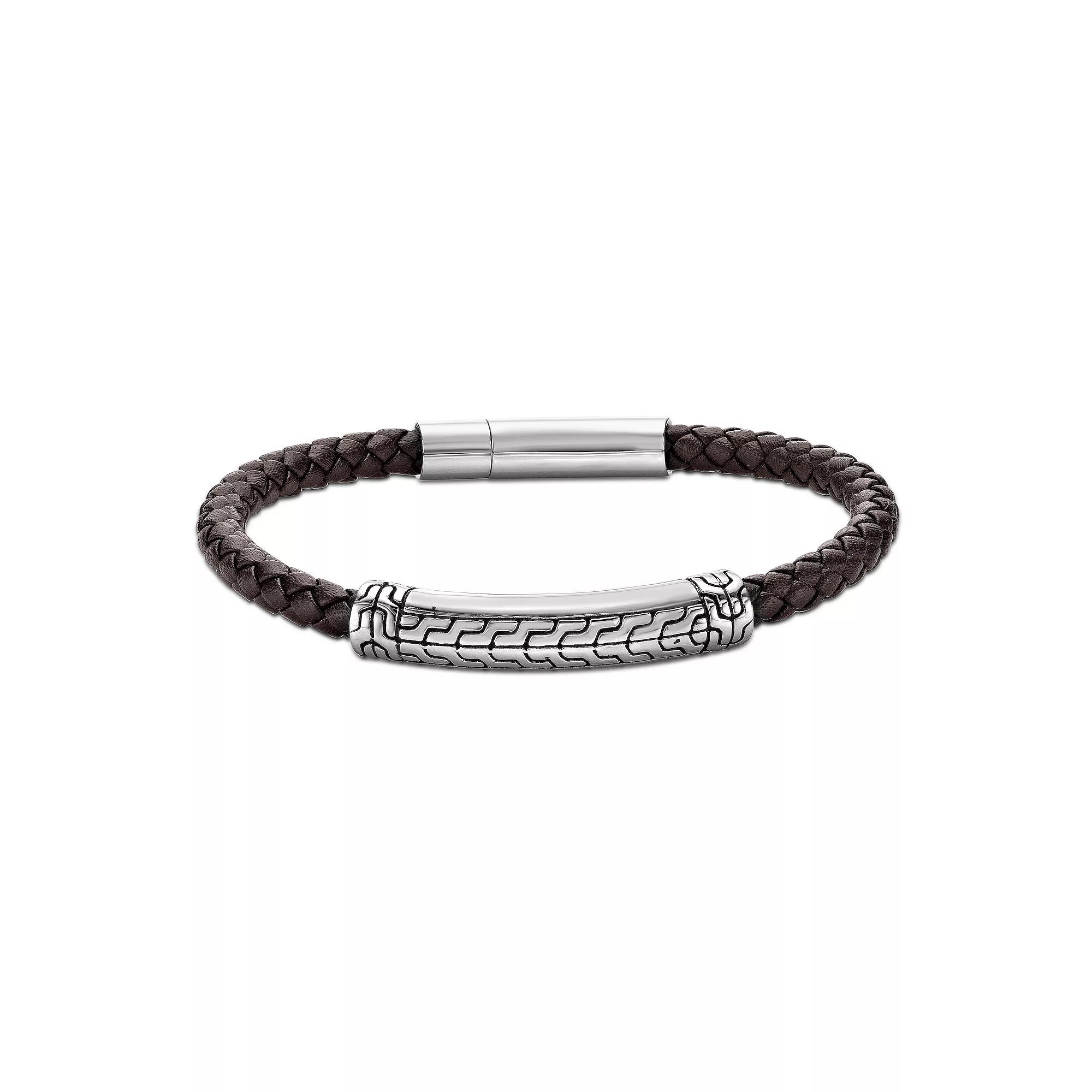Men's LYNX Stainless Steel Leather Bracelet, Size: 8.5", Brown Product Image