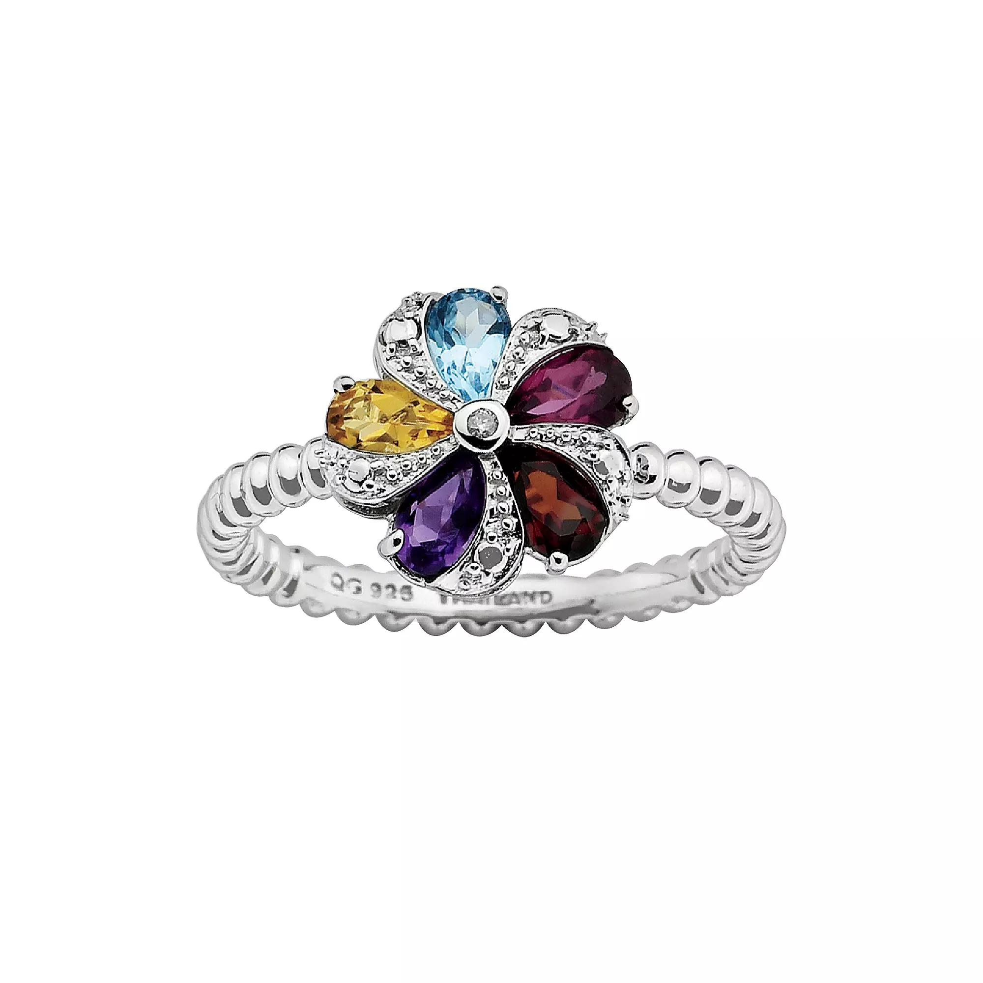 Stacks & Stones Sterling Silver Gemstone & Diamond Accent Beaded Flower Stack Ring, Women's, Size: 10, Multicolor Product Image