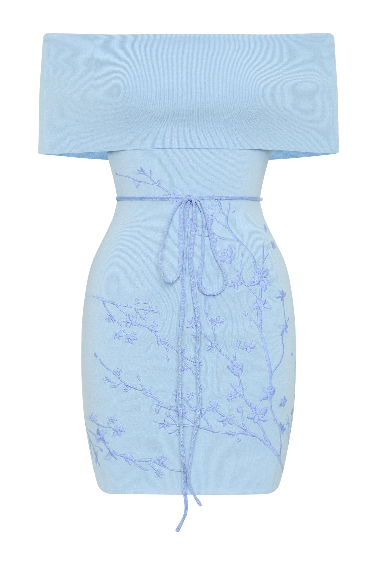 Mallory Off Shoulder Embroidered Knit Mini Dress - Ice Blue Product Image