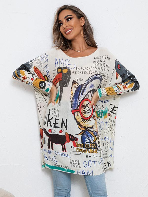 Casual Long Sleeves Loose Cartoon Printed Contrast Color Round-Neck Sweater Tops Product Image